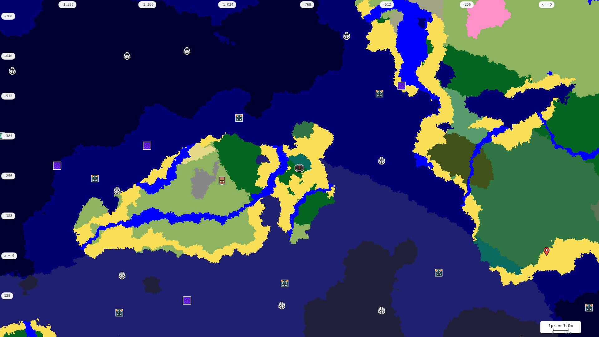 Top-down structures map: village, pillager outpost, ruined portal, shipwreck, woodland mansion, ocean monument, trial chambers, ancient city, desert pyramid, jungle temple, trail ruins