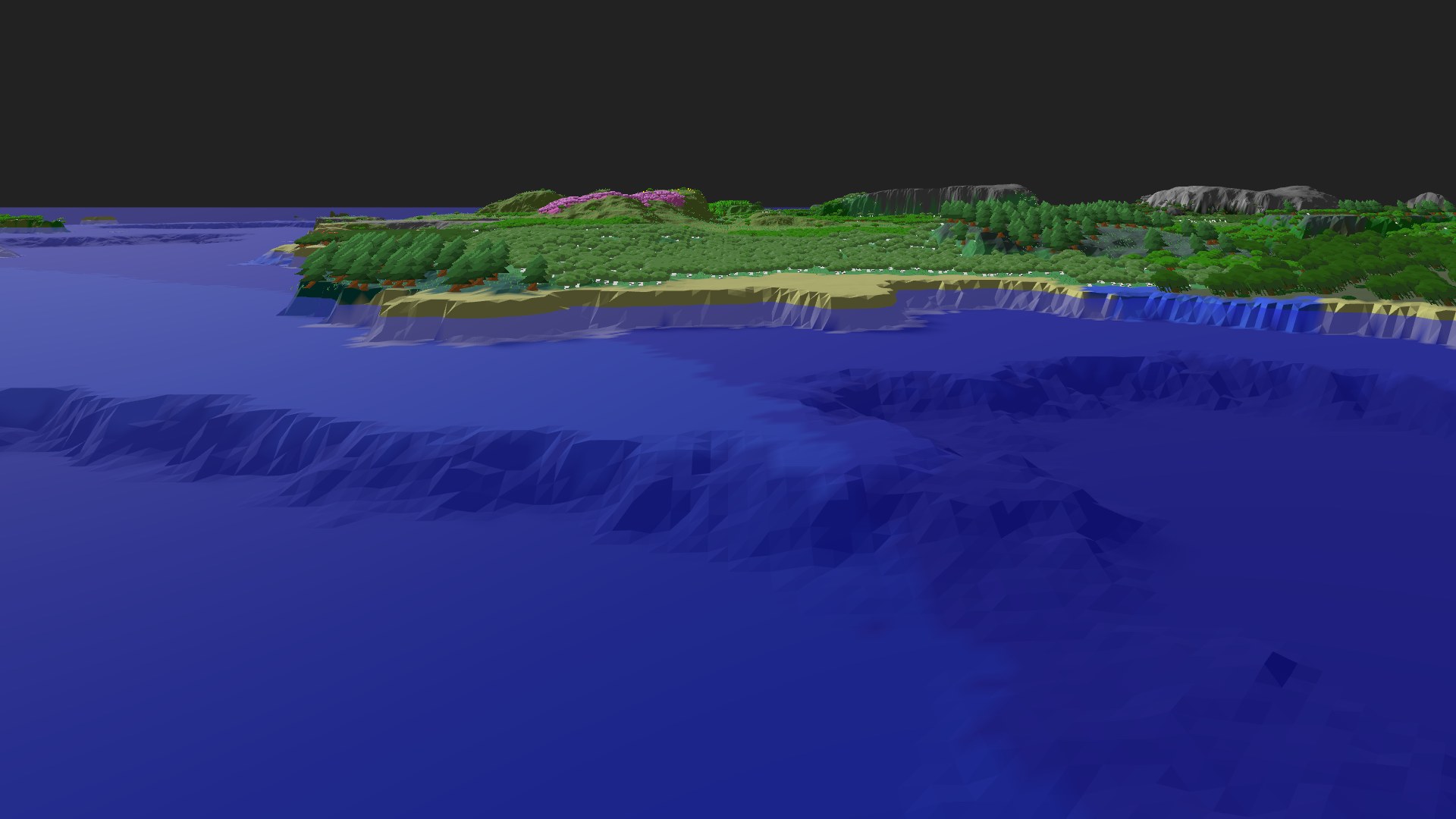 Near-horizontal 3D view from spawn looking at the surrounding terrain