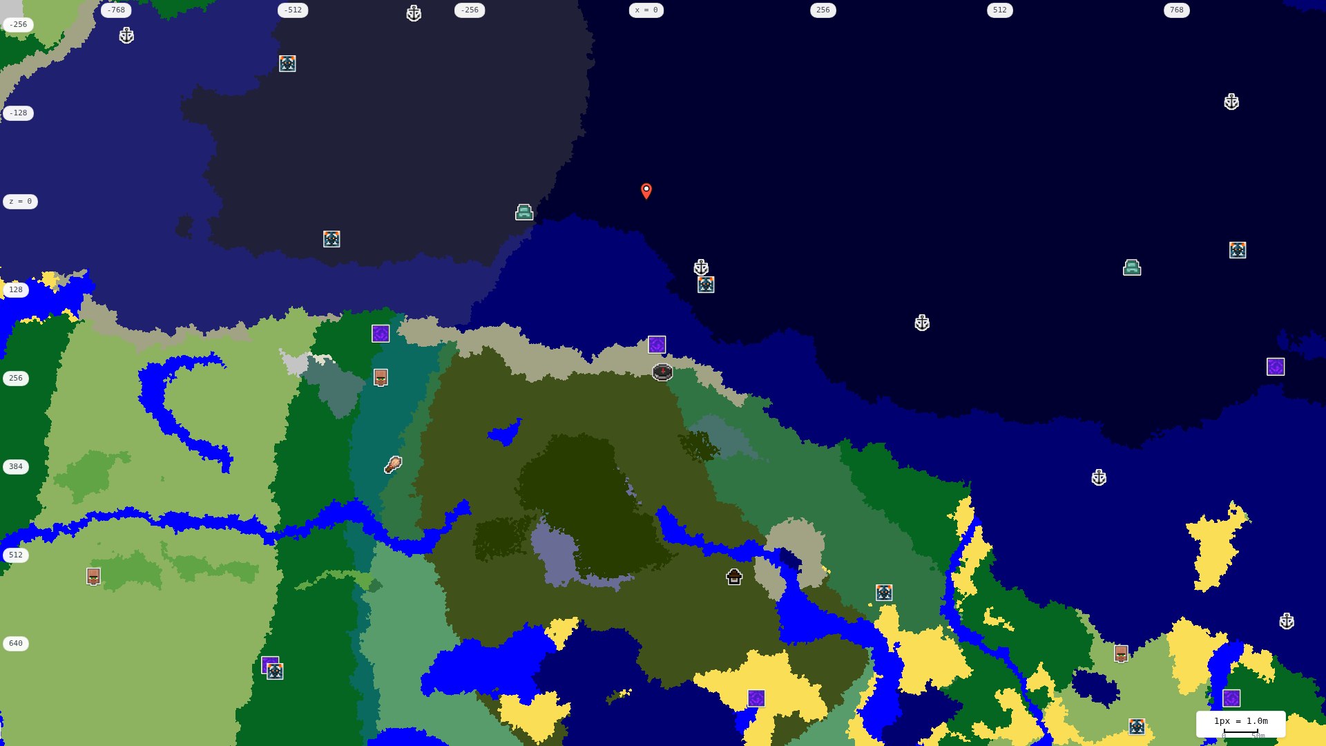 Top-down structures map: village, pillager outpost, ruined portal, shipwreck, woodland mansion, ocean monument, trial chambers, ancient city, desert pyramid, jungle temple, trail ruins