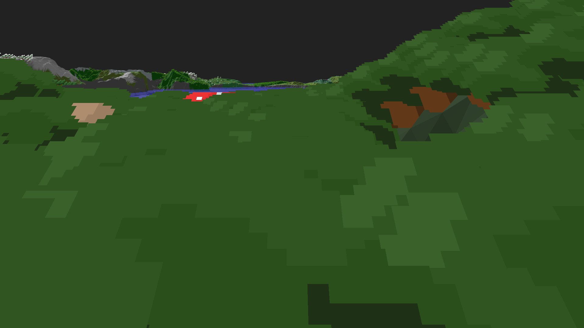 Near-horizontal 3D view from spawn looking at the surrounding terrain