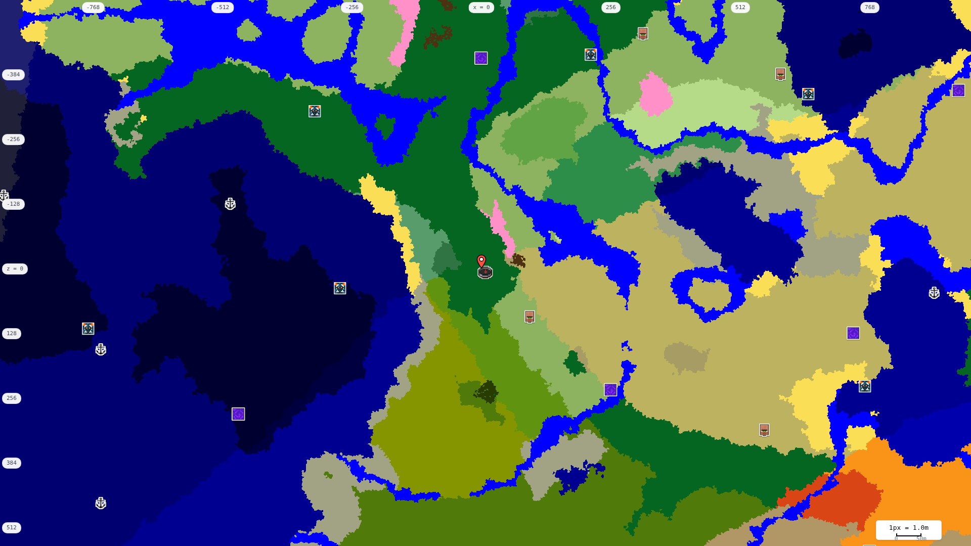 Top-down structures map: village, pillager outpost, ruined portal, shipwreck, woodland mansion, ocean monument, trial chambers, ancient city, desert pyramid, jungle temple, trail ruins