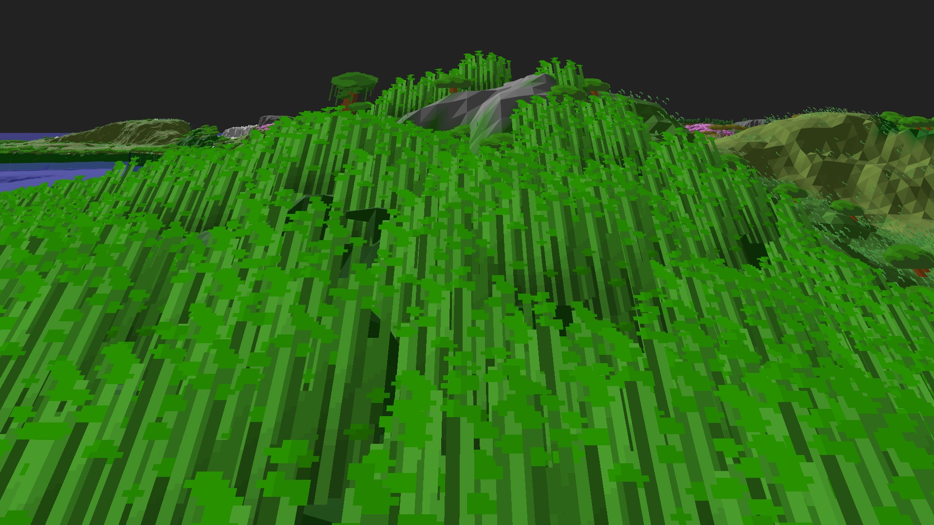 Near-horizontal 3D view from spawn looking at the surrounding terrain
