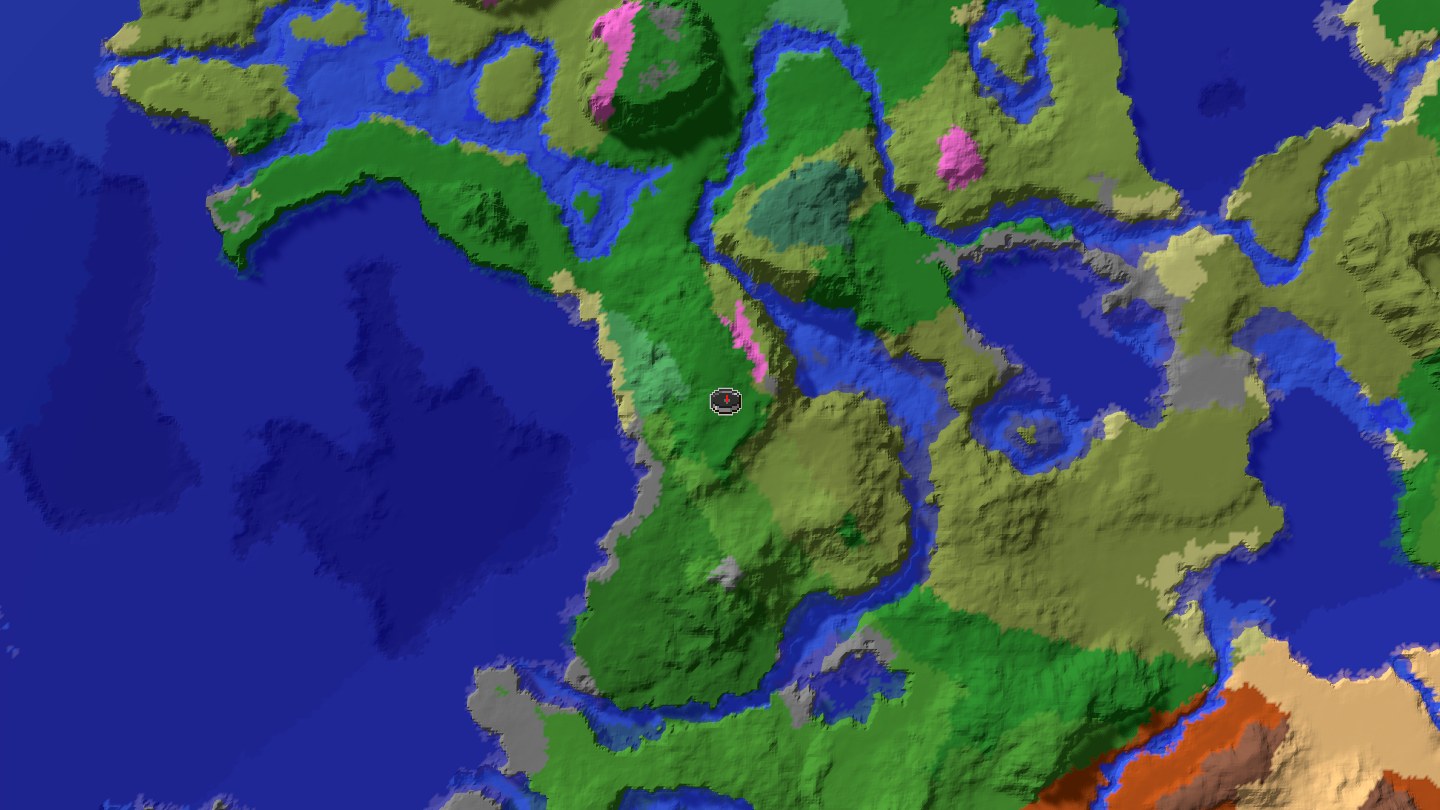 Aerial Minecraft seed map — Java 1.21 triple-border village seed with ruined portal route [63930803728581111
