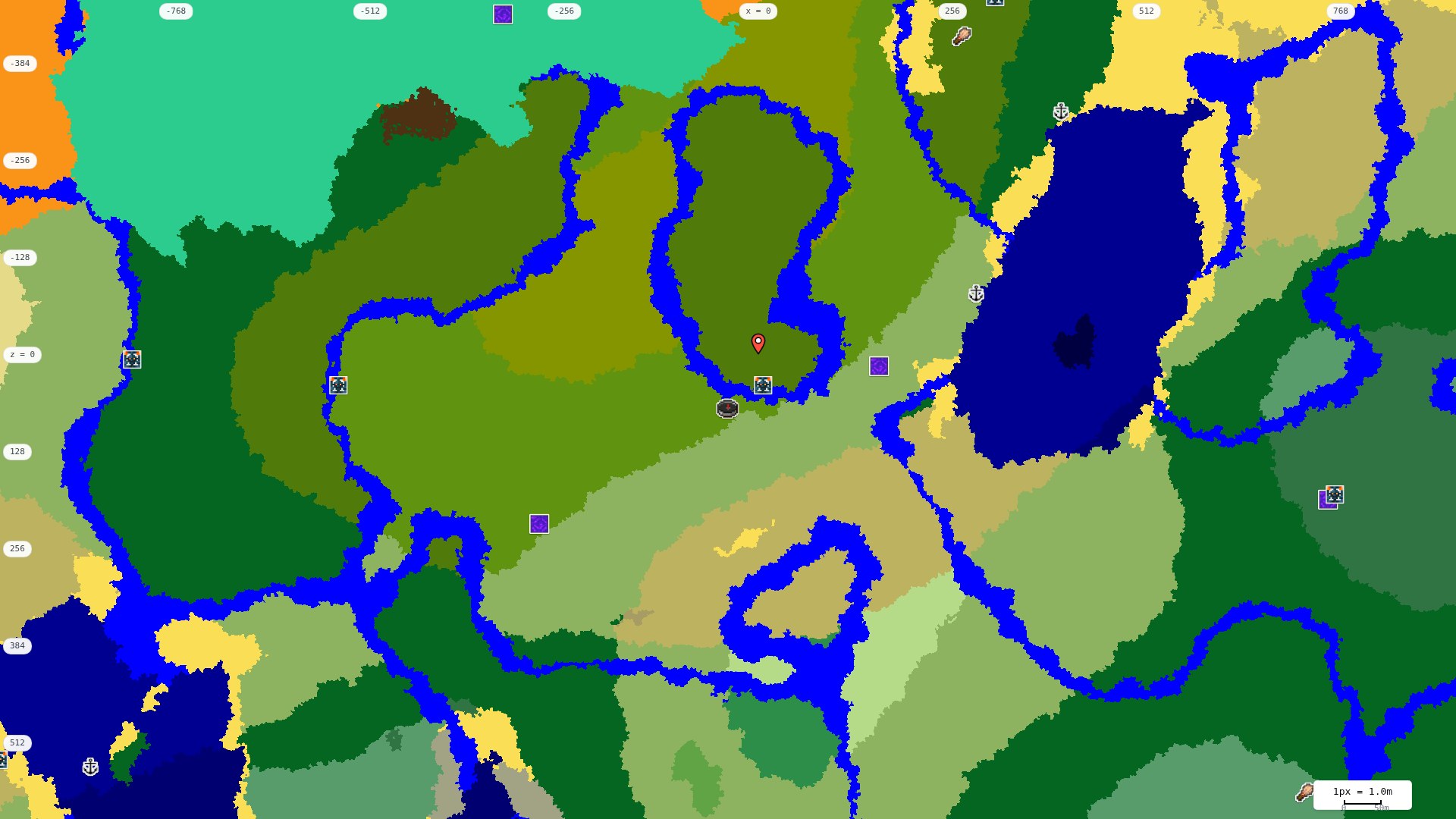 Top-down structures map: village, pillager outpost, ruined portal, shipwreck, woodland mansion, ocean monument, trial chambers, ancient city, desert pyramid, jungle temple, trail ruins