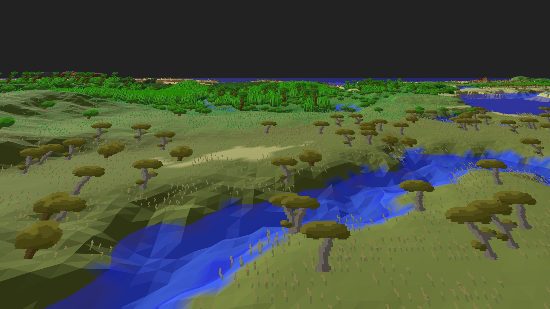 Near-horizontal 3D view from spawn looking at the surrounding terrain