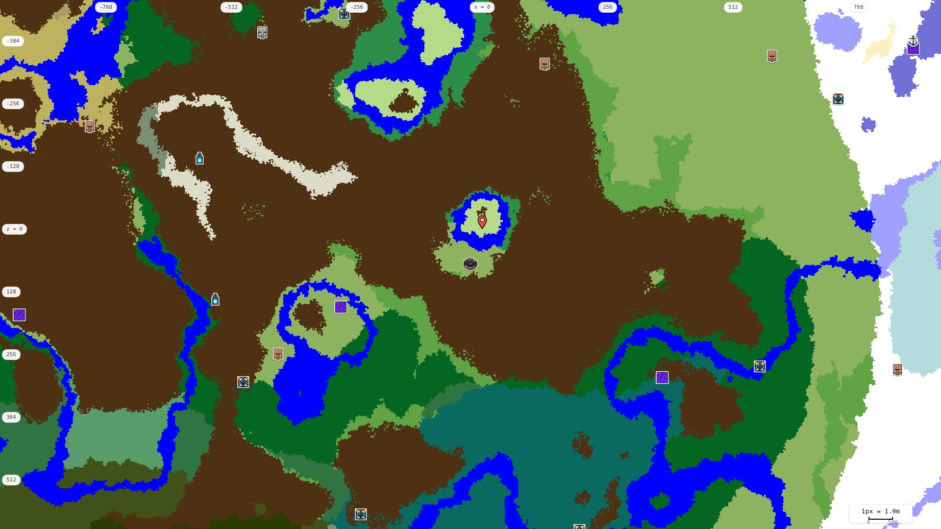 Top-down structures map: village, pillager outpost, ruined portal, shipwreck, woodland mansion, ocean monument, trial chambers, ancient city, desert pyramid, jungle temple, trail ruins