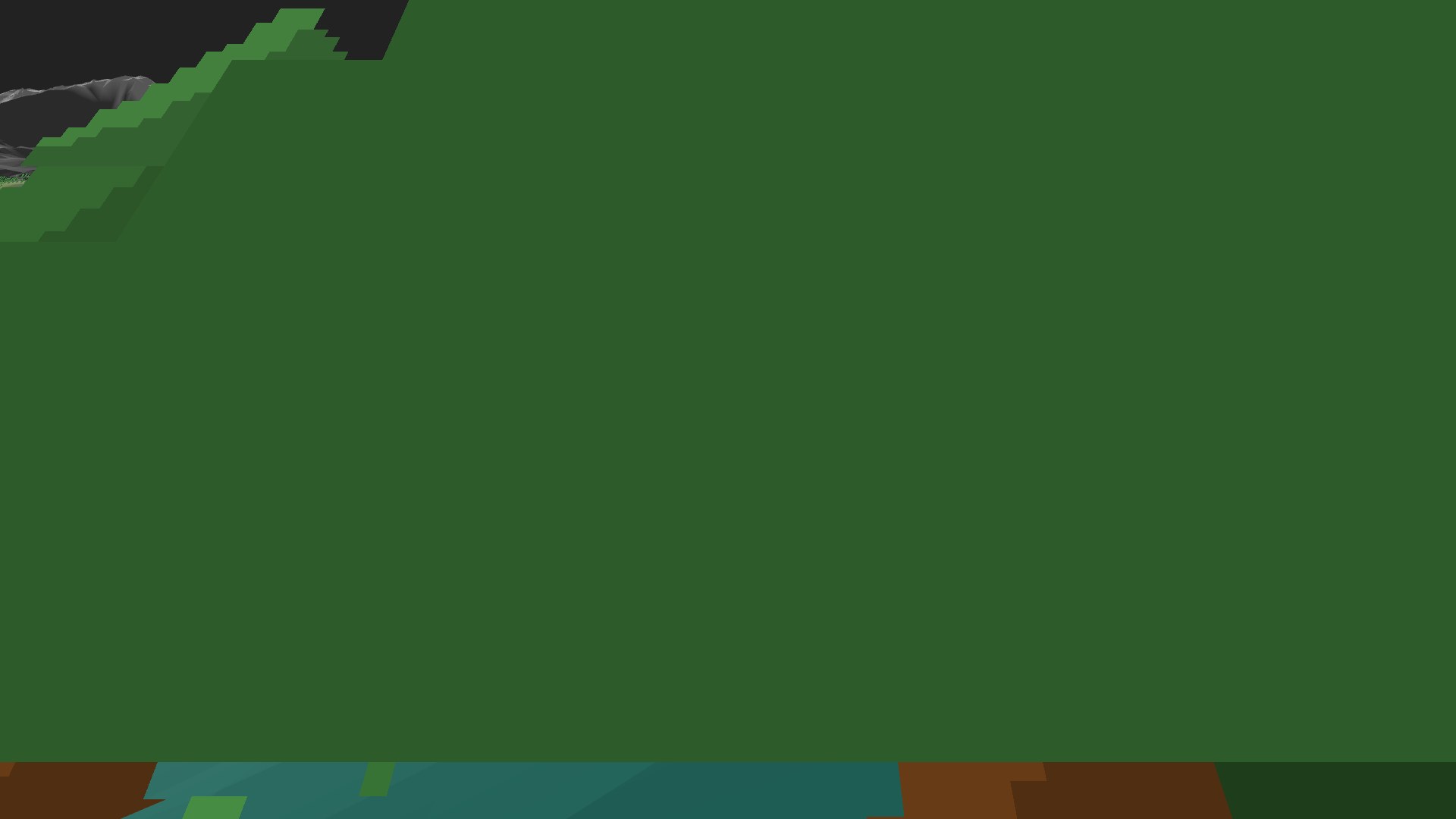 Near-horizontal 3D view from spawn looking at the surrounding terrain