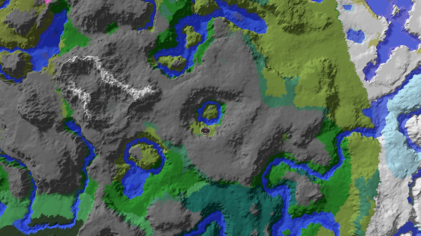 Aerial Minecraft seed map — Java 1.21 calm island surrounded by steep hills seed [6546465454597779821]
