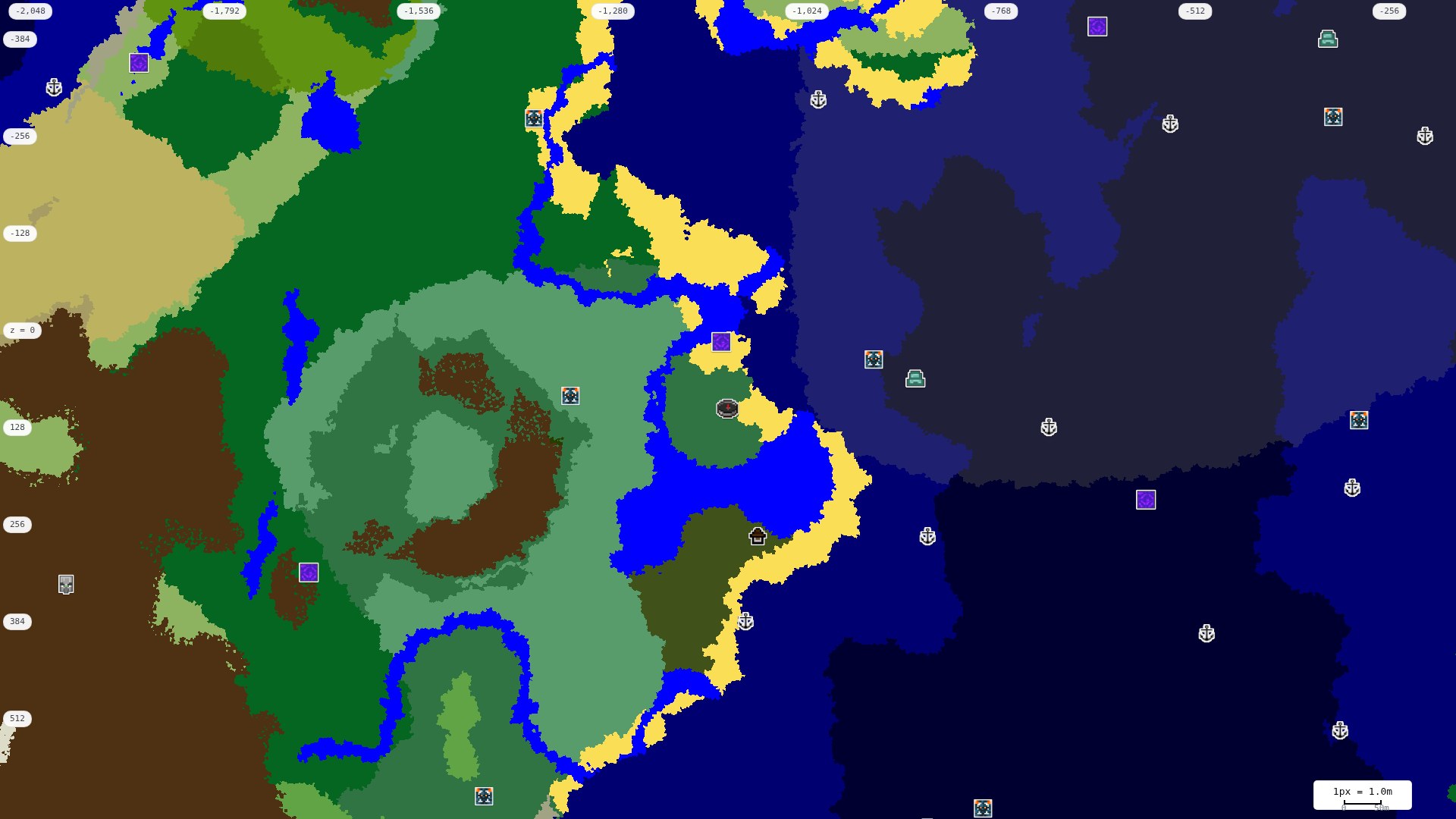 Top-down structures map: village, pillager outpost, ruined portal, shipwreck, woodland mansion, ocean monument, trial chambers, ancient city, desert pyramid, jungle temple, trail ruins