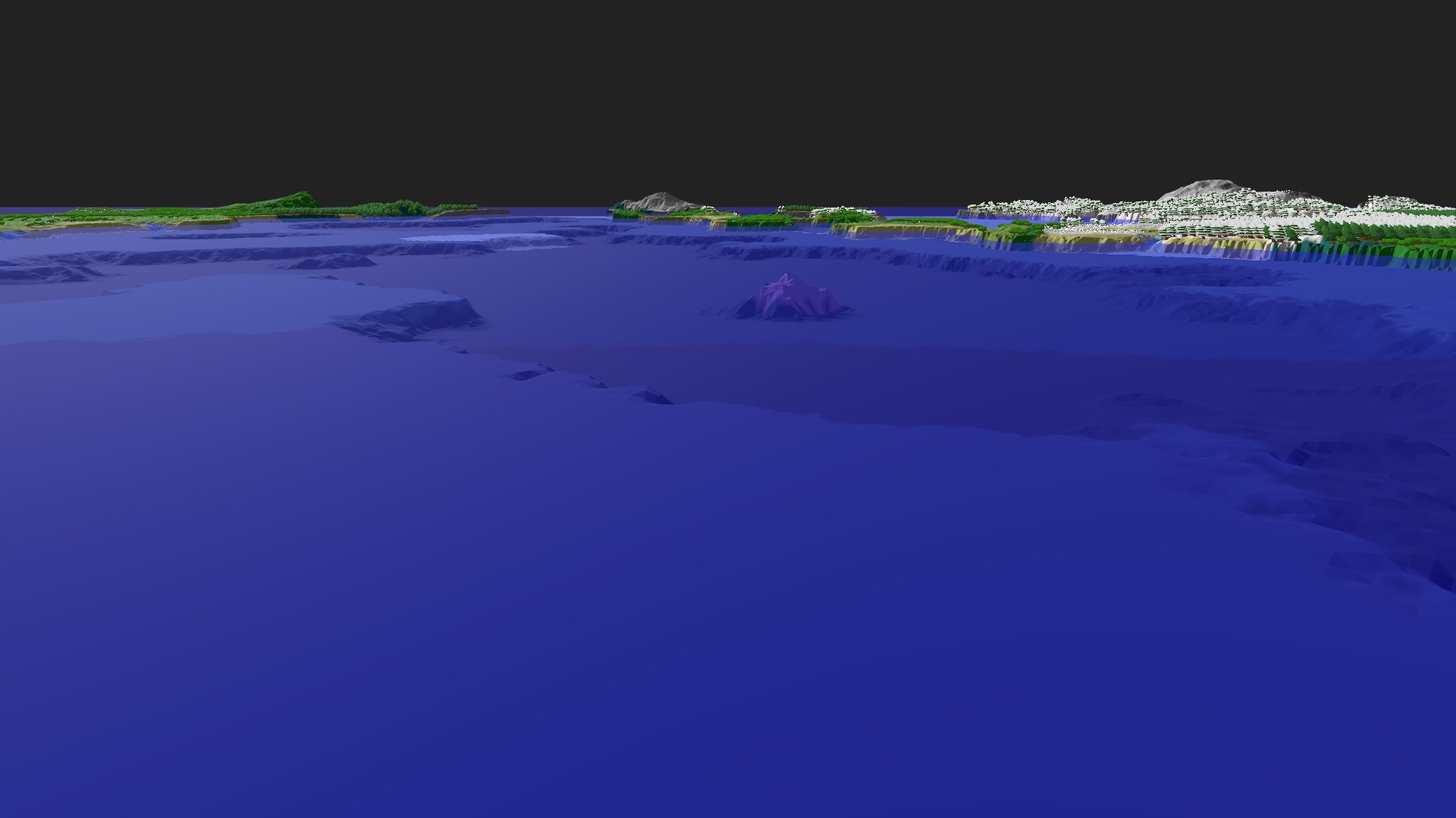 Near-horizontal 3D view from spawn looking at the surrounding terrain