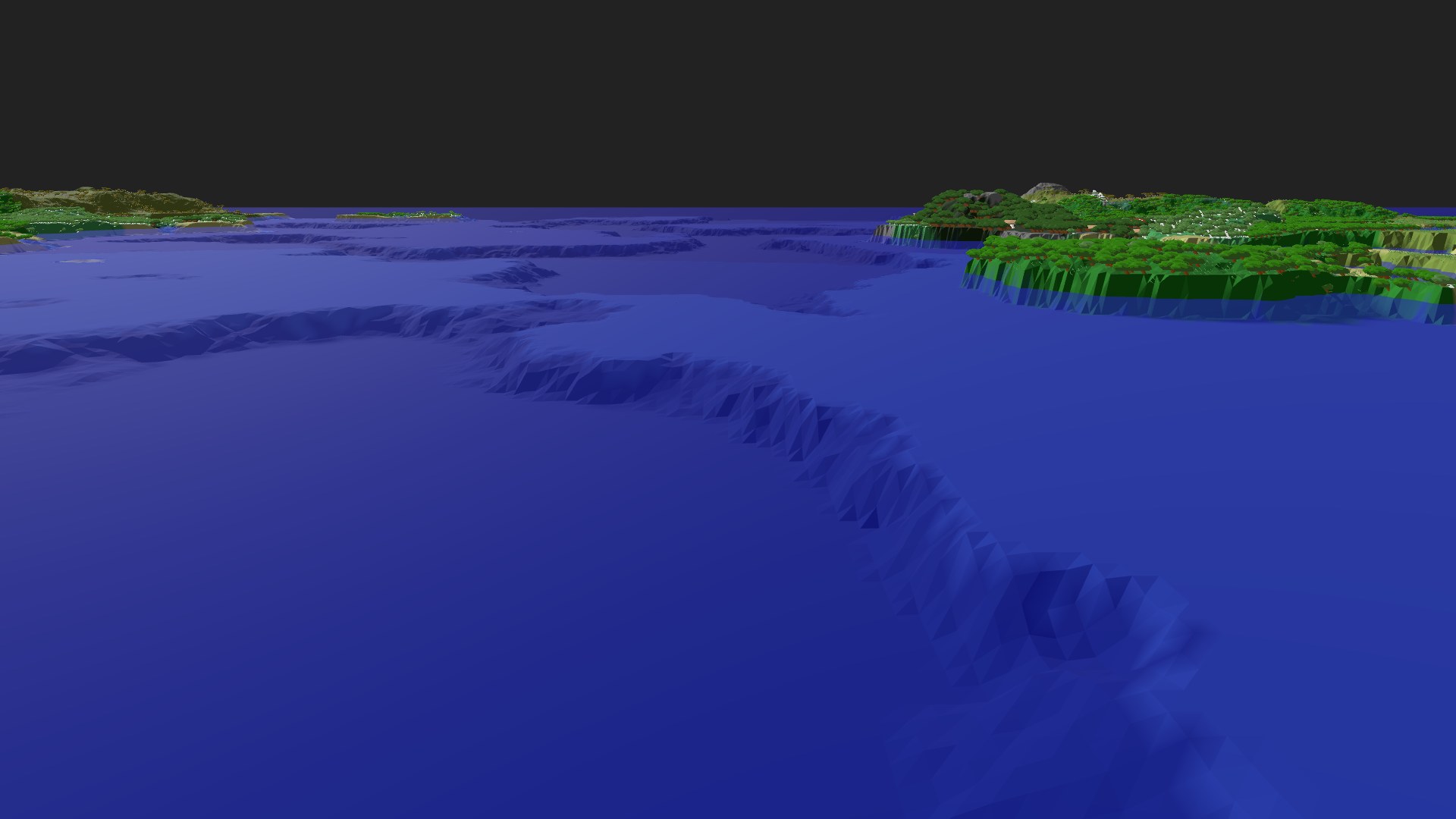 Near-horizontal 3D view from spawn looking at the surrounding terrain
