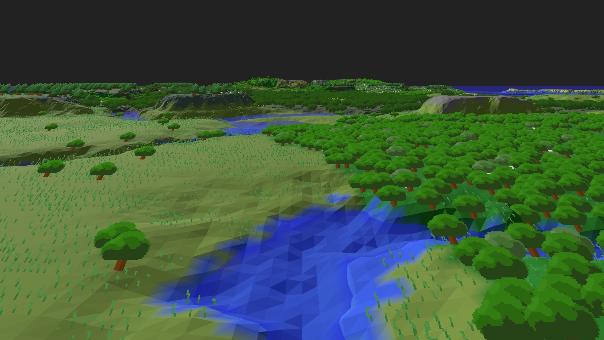 Near-horizontal 3D view from spawn looking at the surrounding terrain