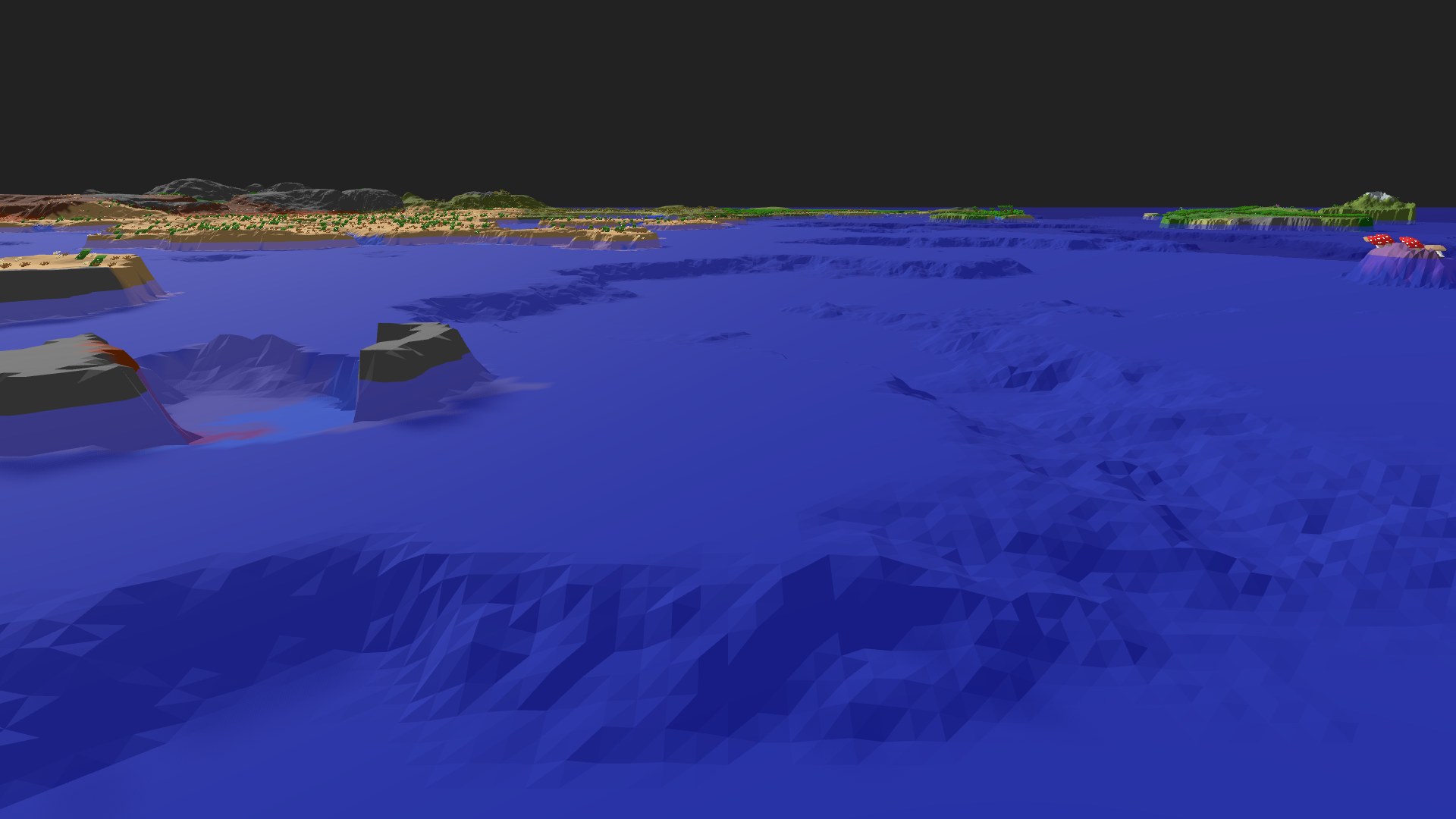 Near-horizontal 3D view from spawn looking at the surrounding terrain