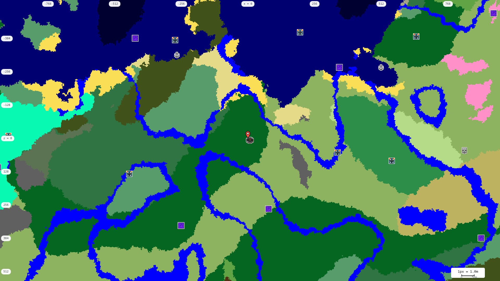 Top-down structures map: village, pillager outpost, ruined portal, shipwreck, woodland mansion, ocean monument, trial chambers, ancient city, desert pyramid, jungle temple, trail ruins