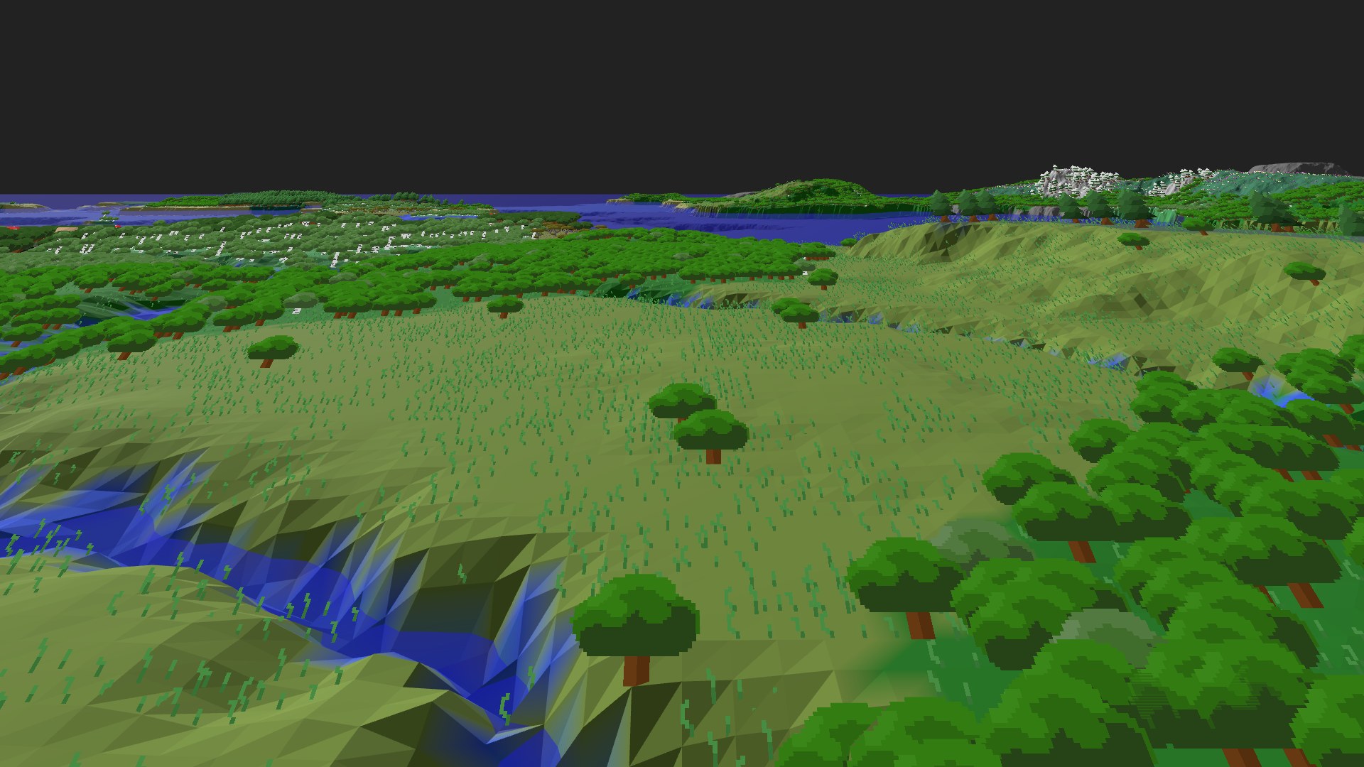 Near-horizontal 3D view from spawn looking at the surrounding terrain