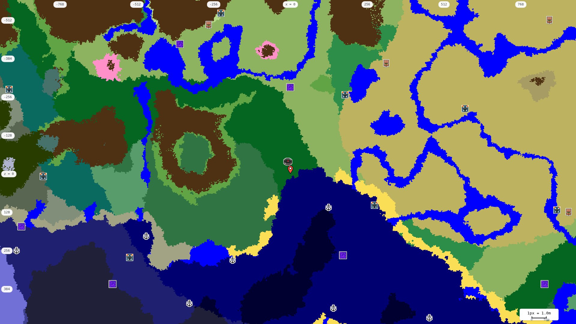 Top-down structures map: village, pillager outpost, ruined portal, shipwreck, woodland mansion, ocean monument, trial chambers, ancient city, desert pyramid, jungle temple, trail ruins
