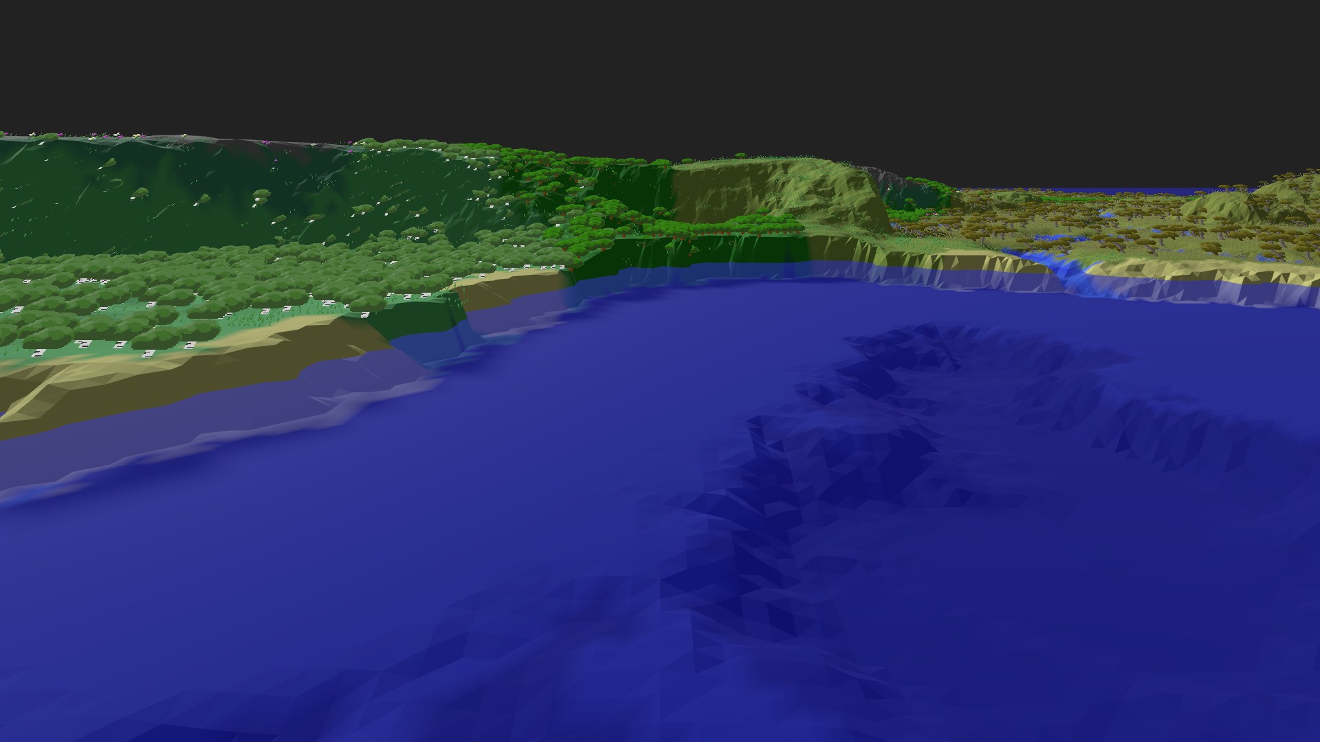 Near-horizontal 3D view from spawn looking at the surrounding terrain