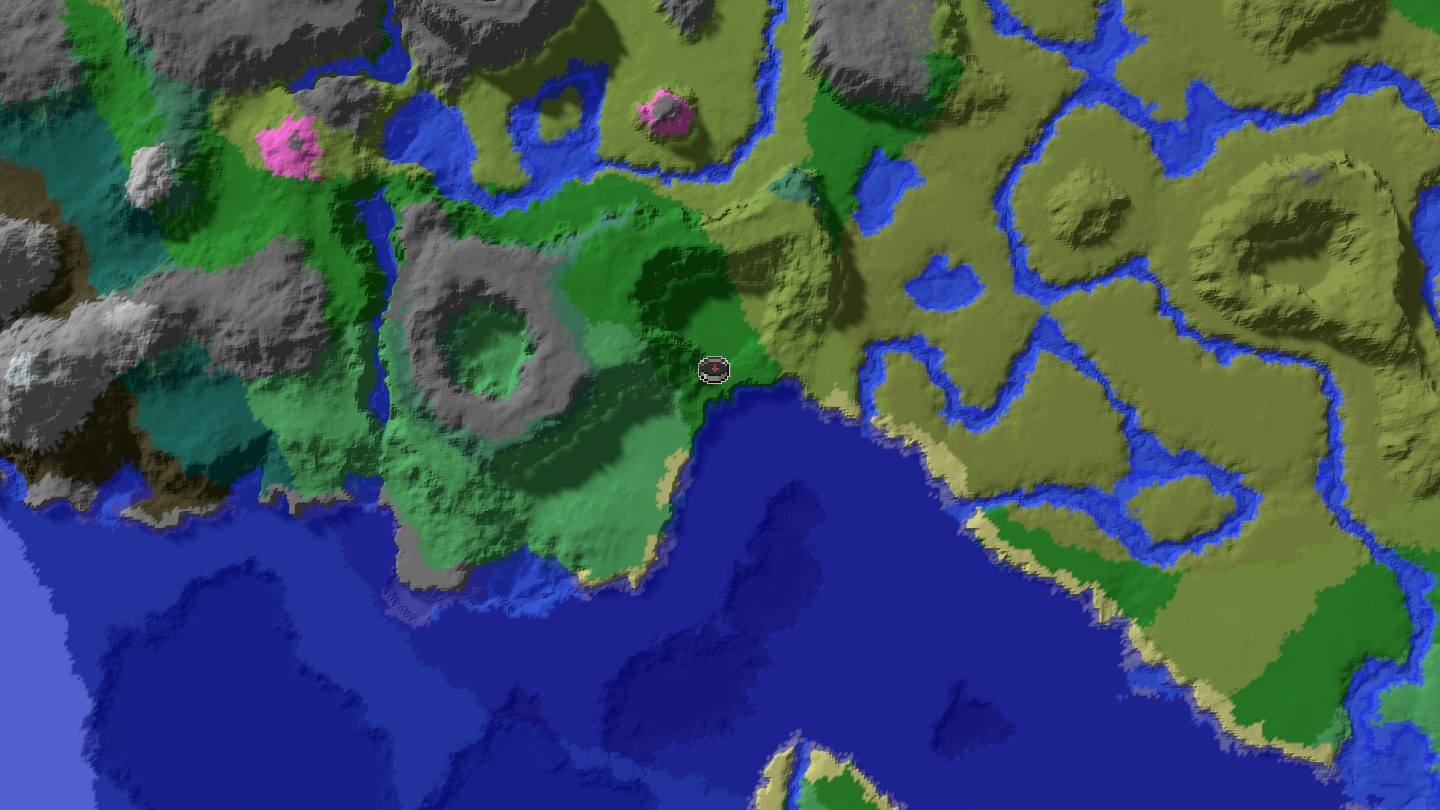 Aerial Minecraft seed map — Java 1.21 cherry hill and savanna village trial seed [775277525197007293]