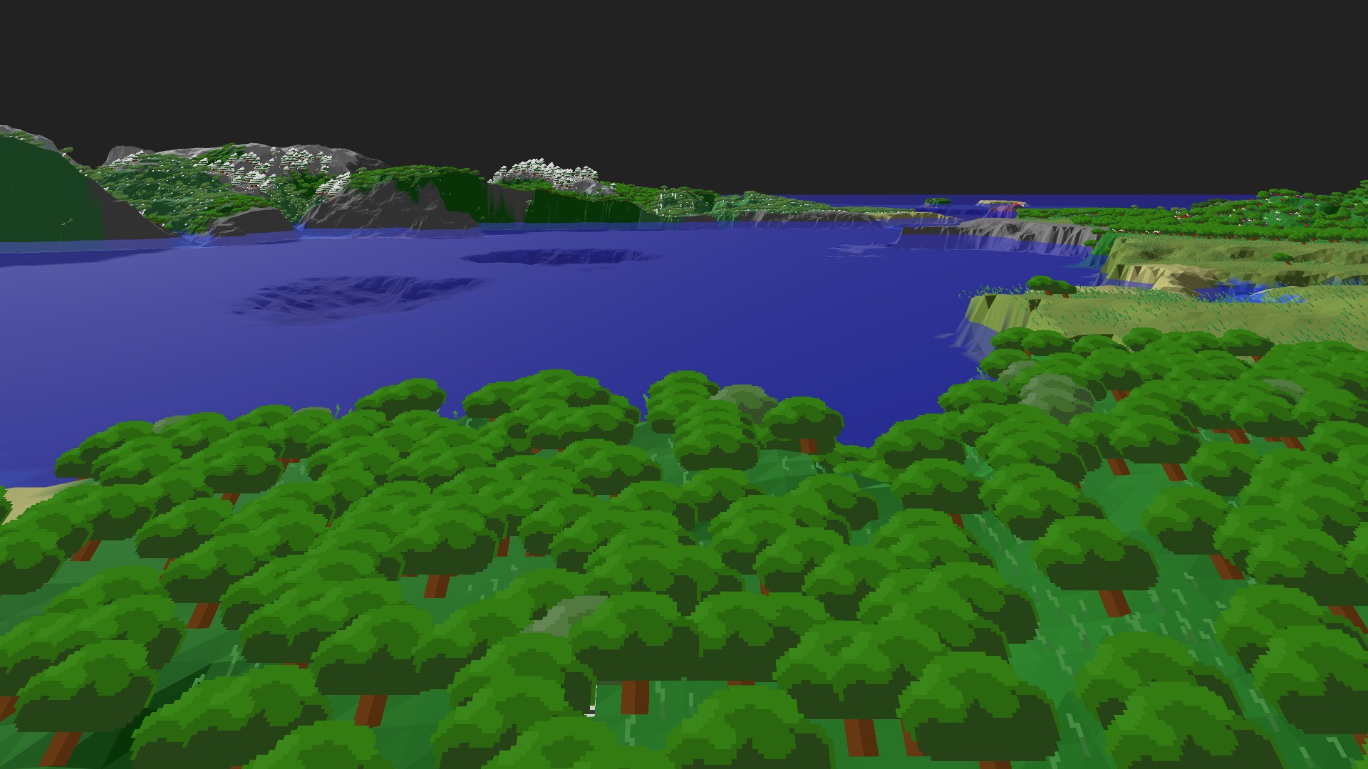 Near-horizontal 3D view from spawn looking at the surrounding terrain