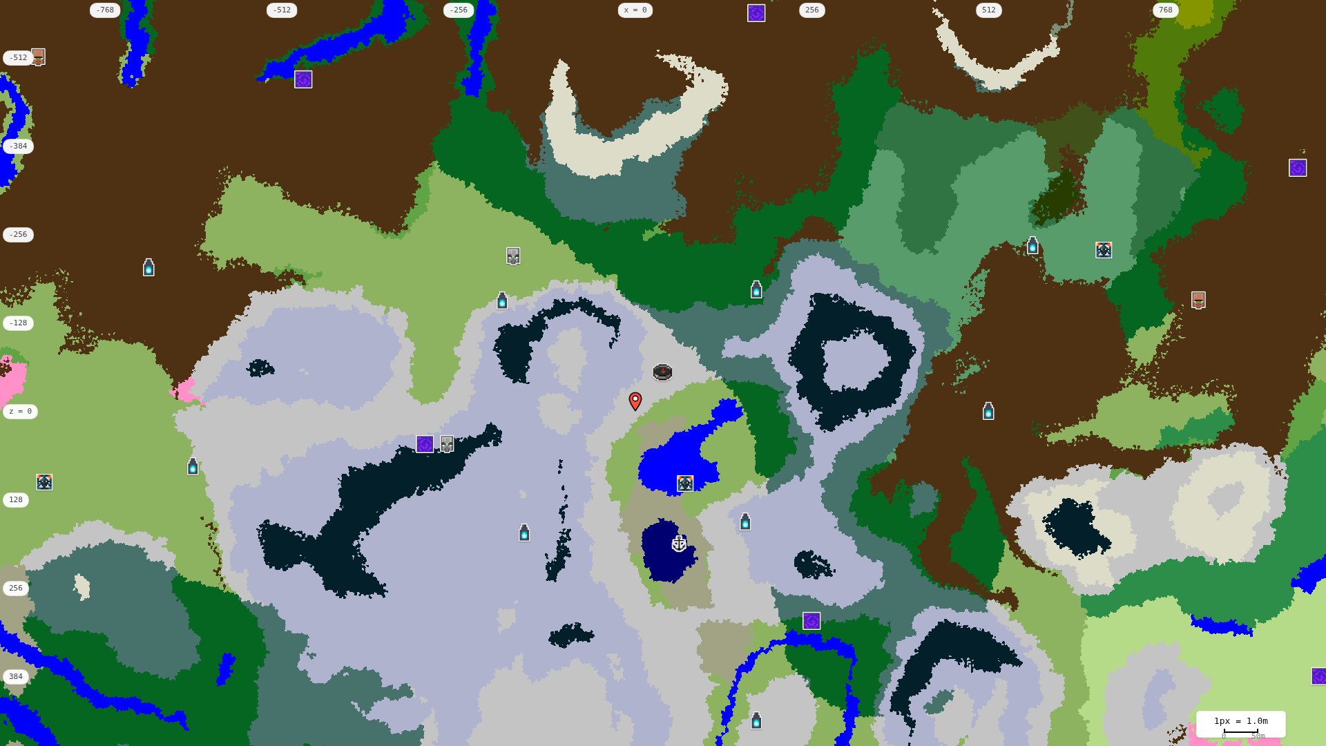 Top-down structures map: village, pillager outpost, ruined portal, shipwreck, woodland mansion, ocean monument, trial chambers, ancient city, desert pyramid, jungle temple, trail ruins