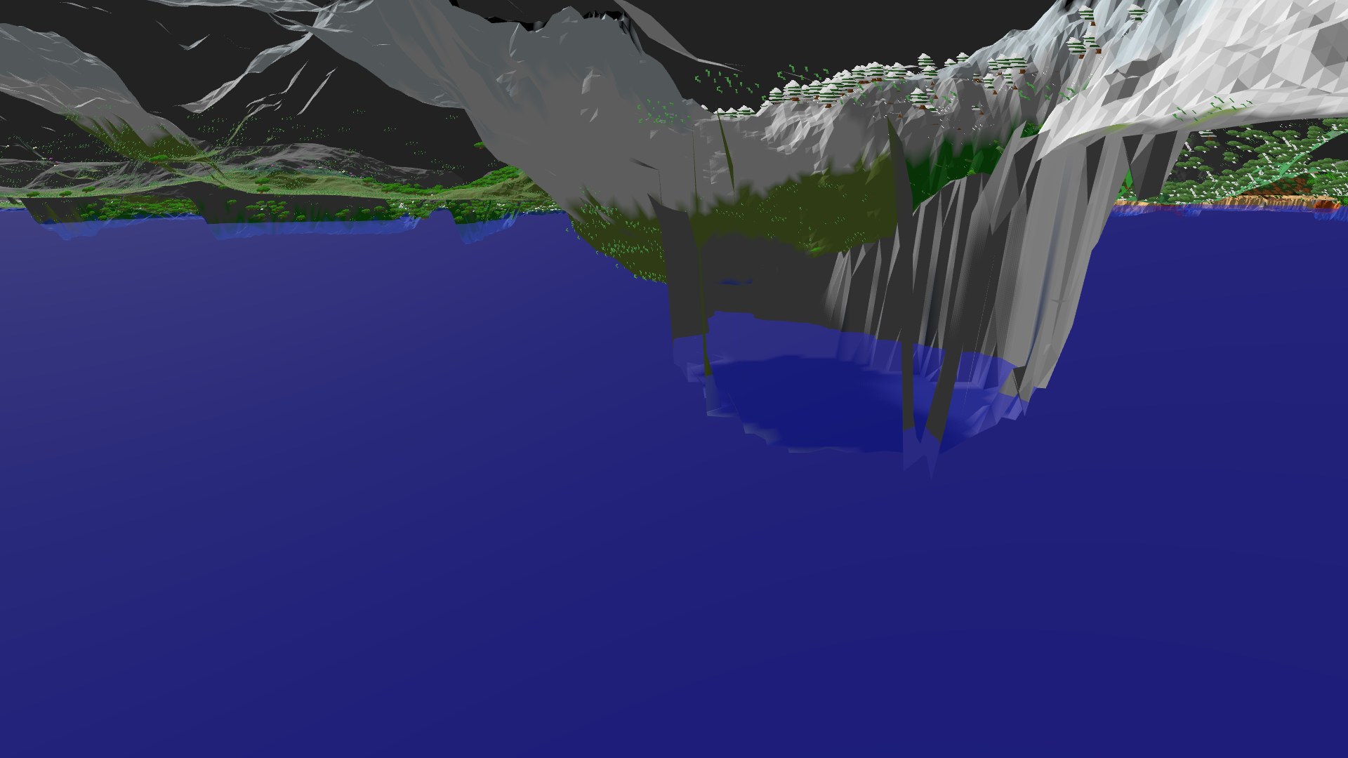 Near-horizontal 3D view from spawn looking at the surrounding terrain