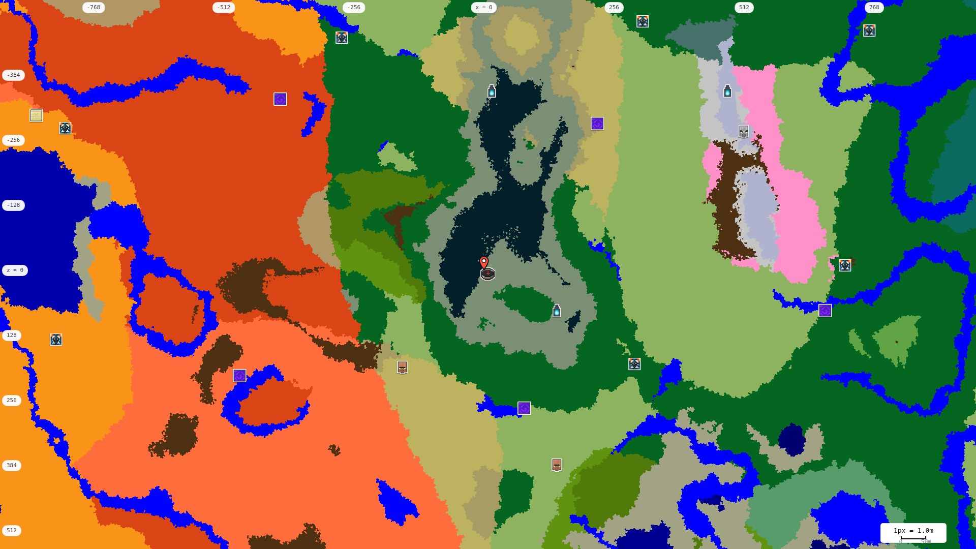 Top-down structures map: village, pillager outpost, ruined portal, shipwreck, woodland mansion, ocean monument, trial chambers, ancient city, desert pyramid, jungle temple, trail ruins