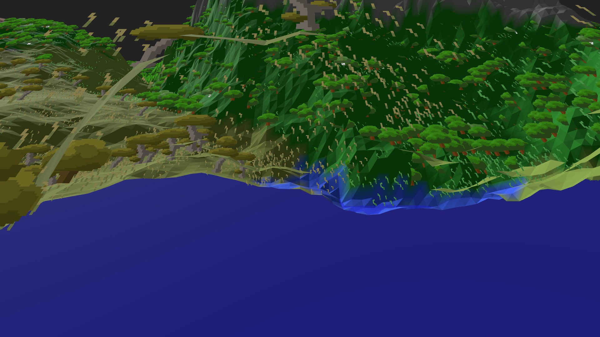 Near-horizontal 3D view from spawn looking at the surrounding terrain
