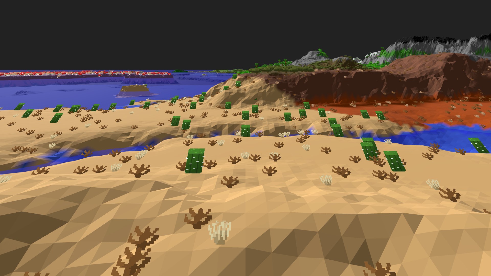 Near-horizontal 3D view from spawn looking at the surrounding terrain