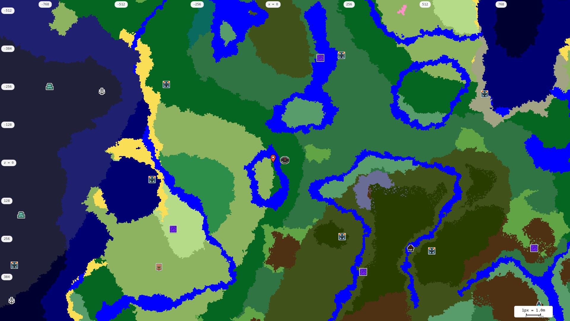 Top-down structures map: village, pillager outpost, ruined portal, shipwreck, woodland mansion, ocean monument, trial chambers, ancient city, desert pyramid, jungle temple, trail ruins