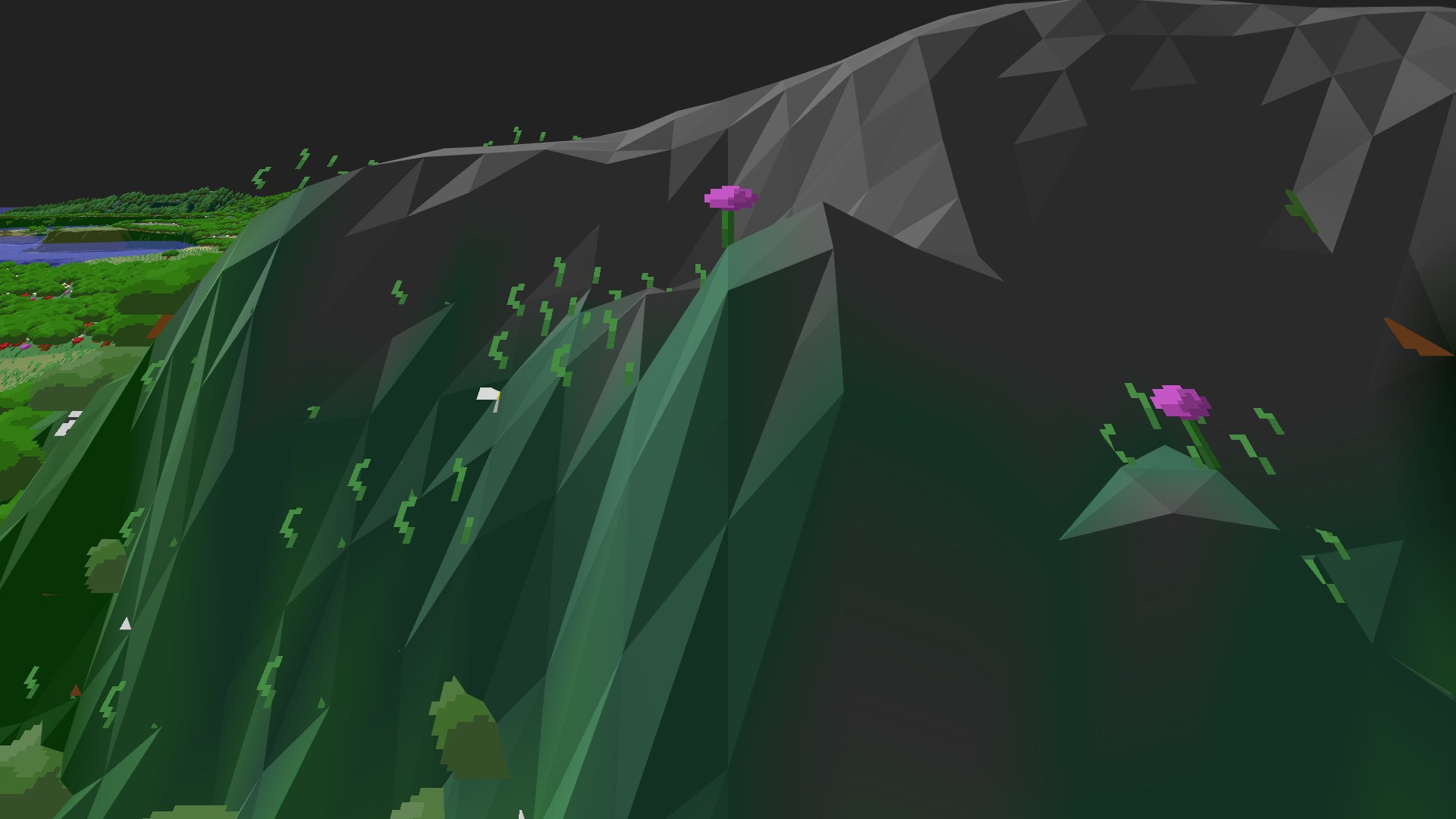 Near-horizontal 3D view from spawn looking at the surrounding terrain