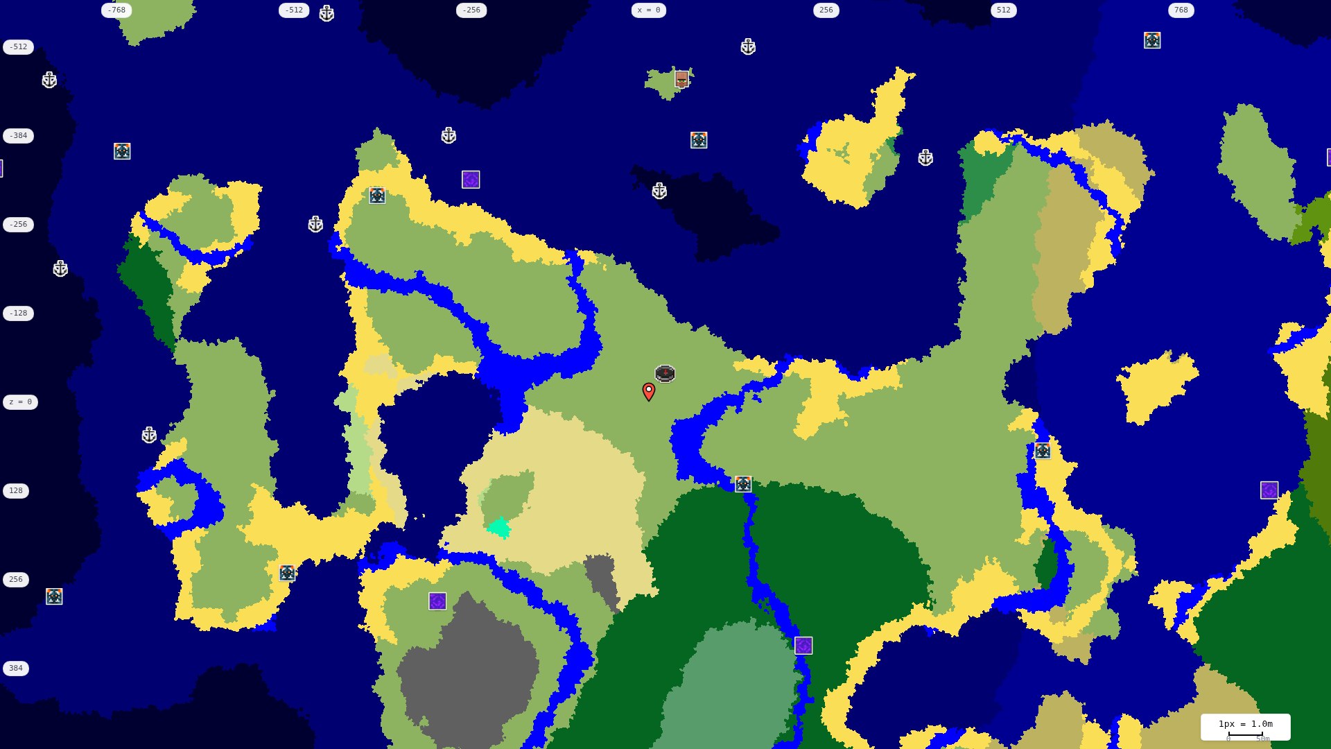 Top-down structures map: village, pillager outpost, ruined portal, shipwreck, woodland mansion, ocean monument, trial chambers, ancient city, desert pyramid, jungle temple, trail ruins