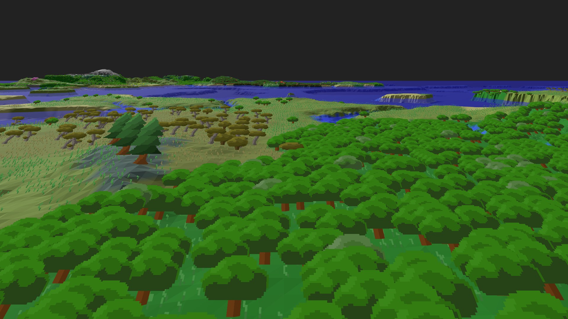 Near-horizontal 3D view from spawn looking at the surrounding terrain