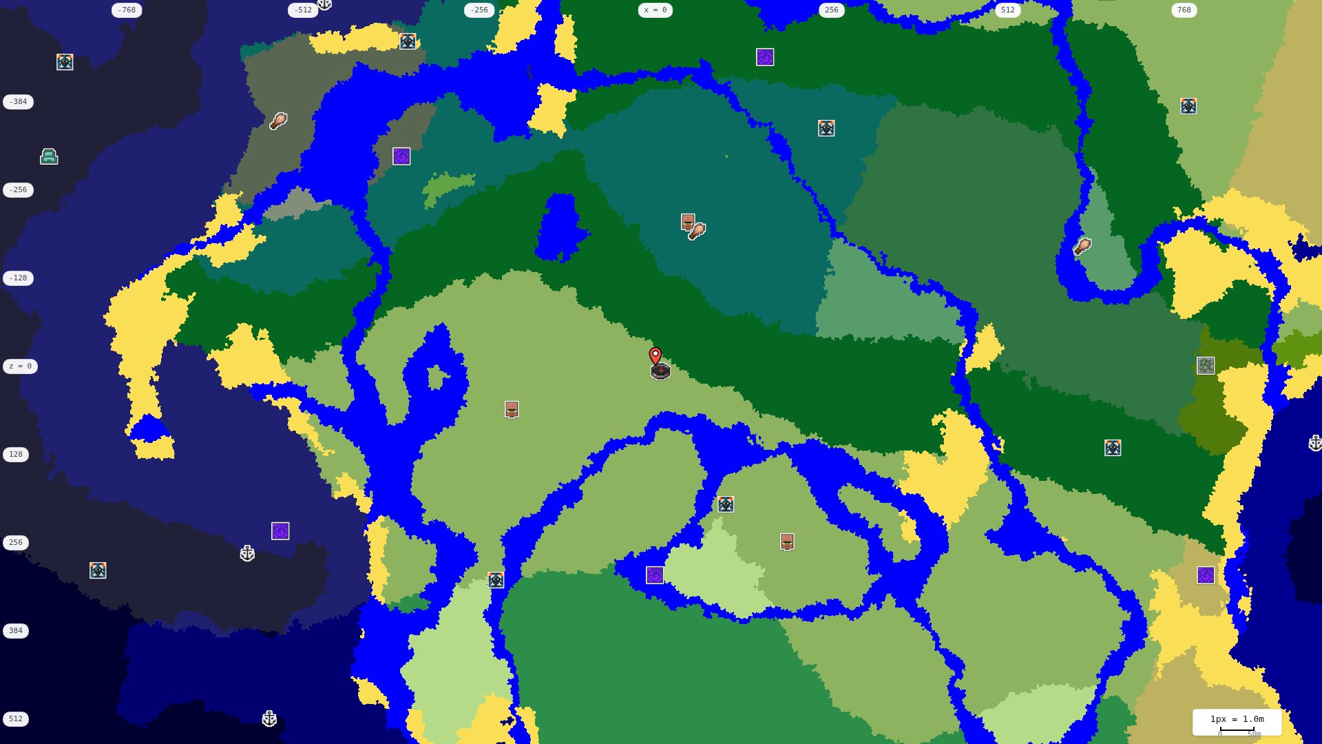 Top-down structures map: village, pillager outpost, ruined portal, shipwreck, woodland mansion, ocean monument, trial chambers, ancient city, desert pyramid, jungle temple, trail ruins