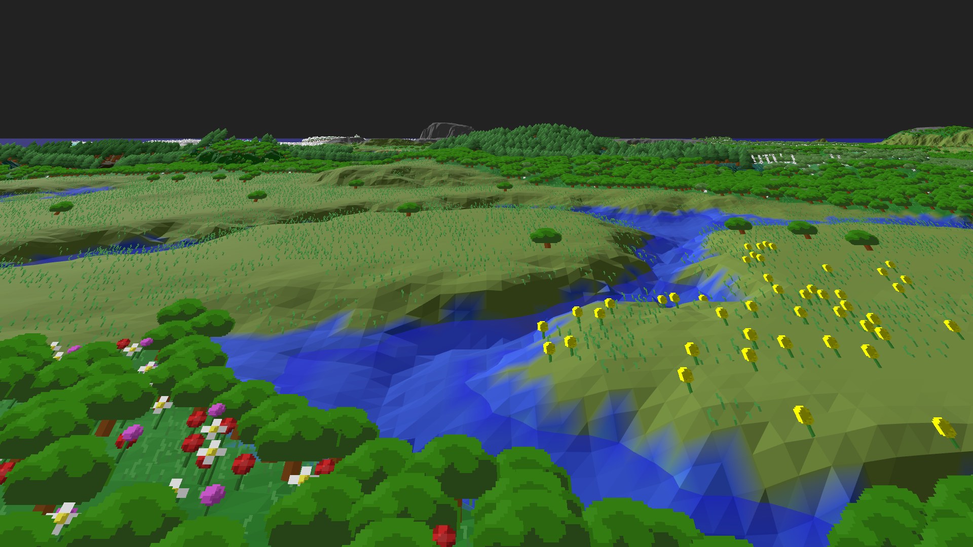 Near-horizontal 3D view from spawn looking at the surrounding terrain