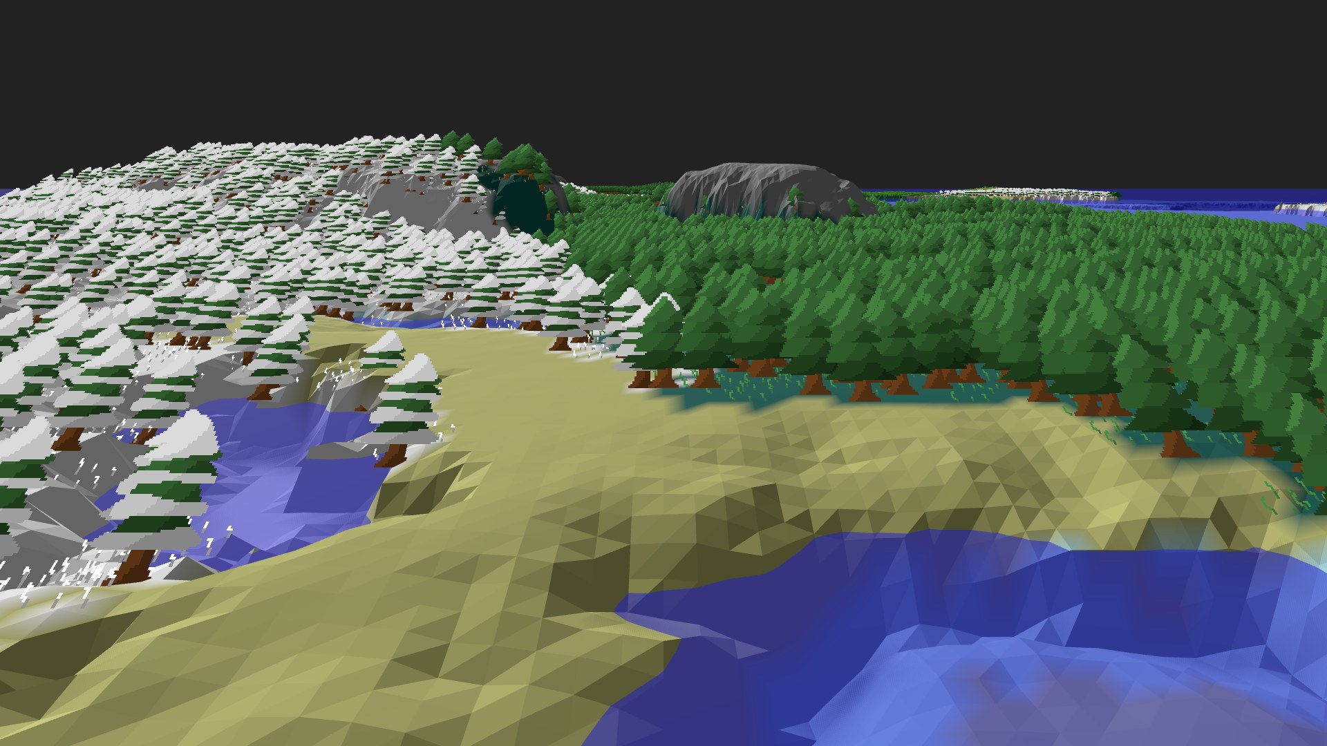 Near-horizontal 3D view from spawn looking at the surrounding terrain