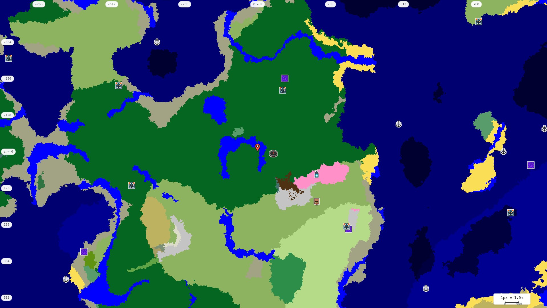 Top-down structures map: village, pillager outpost, ruined portal, shipwreck, woodland mansion, ocean monument, trial chambers, ancient city, desert pyramid, jungle temple, trail ruins