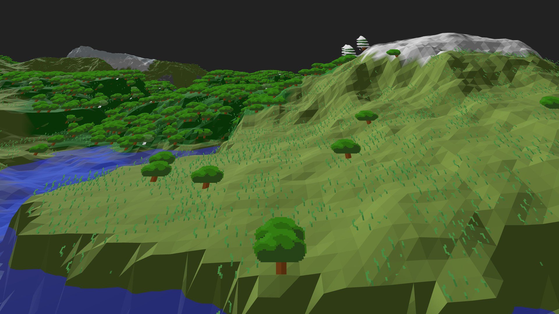 Near-horizontal 3D view from spawn looking at the surrounding terrain