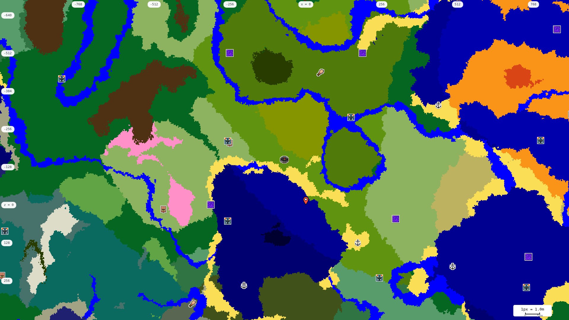 Top-down structures map: village, pillager outpost, ruined portal, shipwreck, woodland mansion, ocean monument, trial chambers, ancient city, desert pyramid, jungle temple, trail ruins