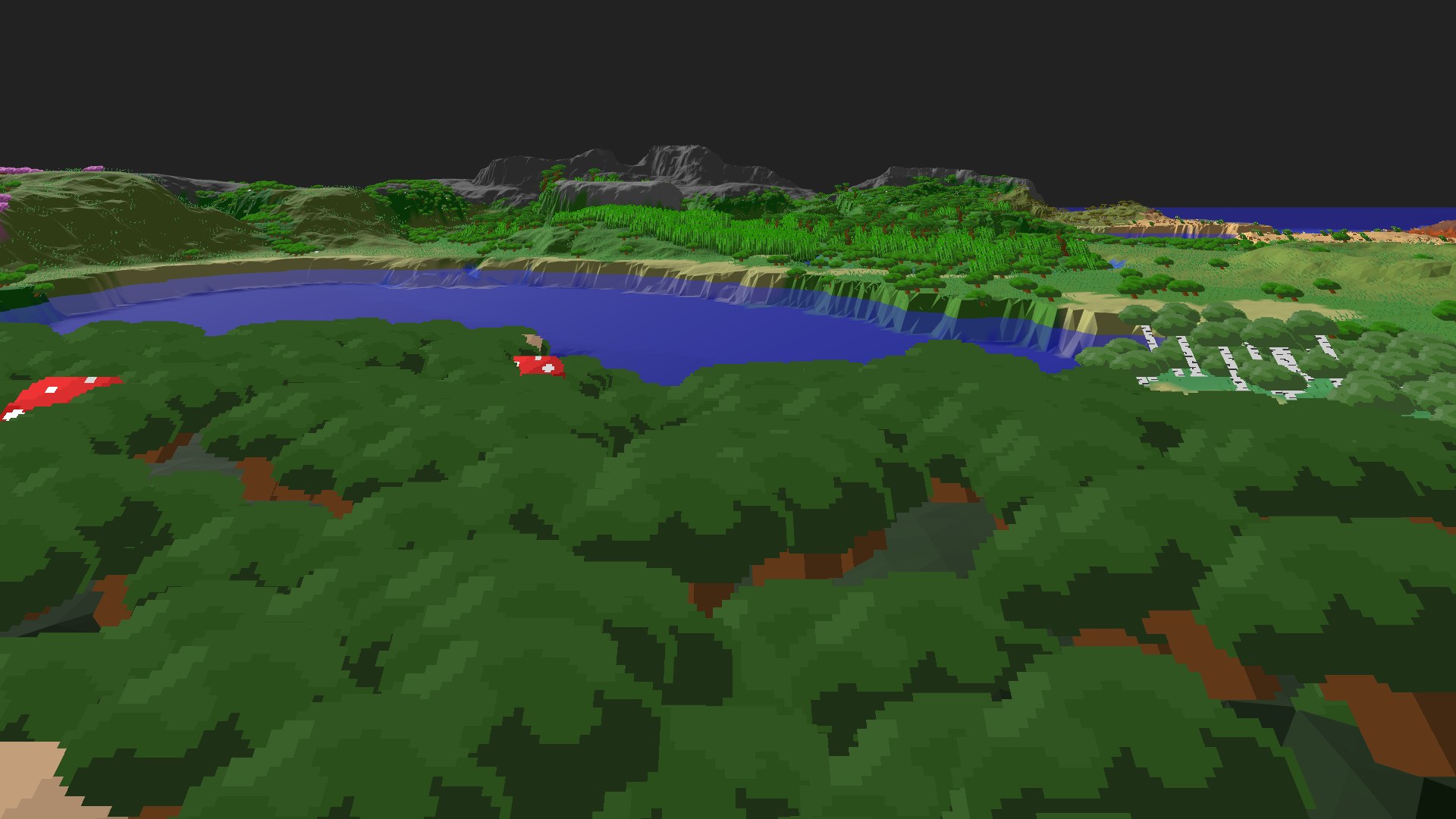 Near-horizontal 3D view from spawn looking at the surrounding terrain