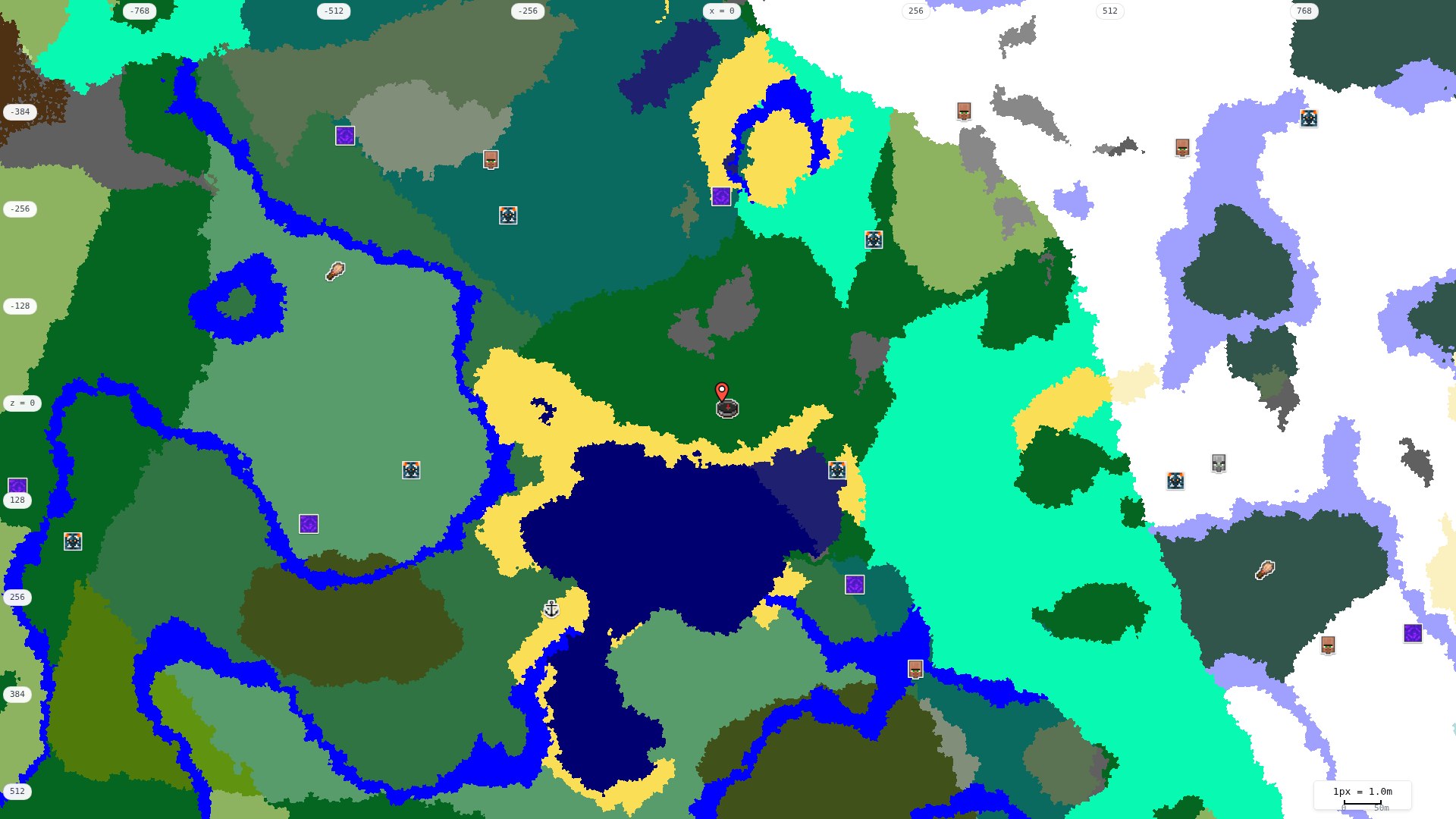 Top-down structures map: village, pillager outpost, ruined portal, shipwreck, woodland mansion, ocean monument, trial chambers, ancient city, desert pyramid, jungle temple, trail ruins