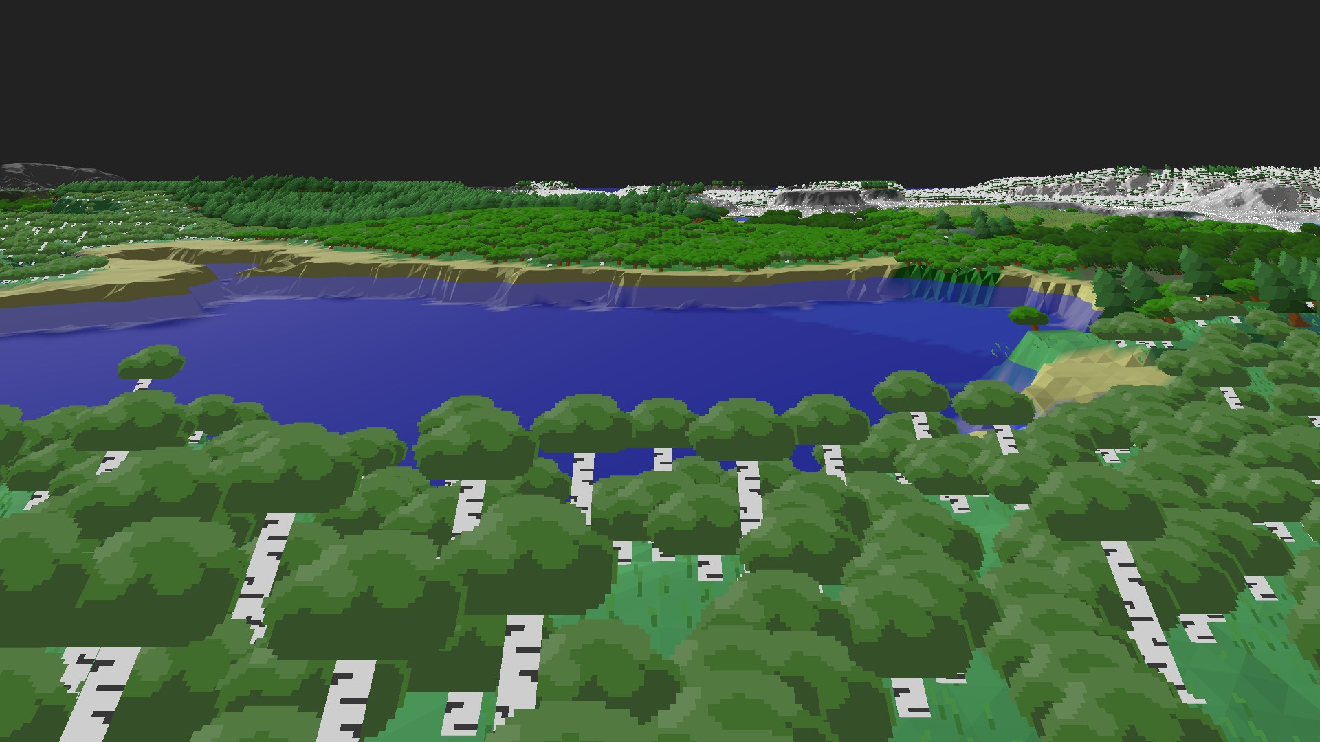 Near-horizontal 3D view from spawn looking at the surrounding terrain