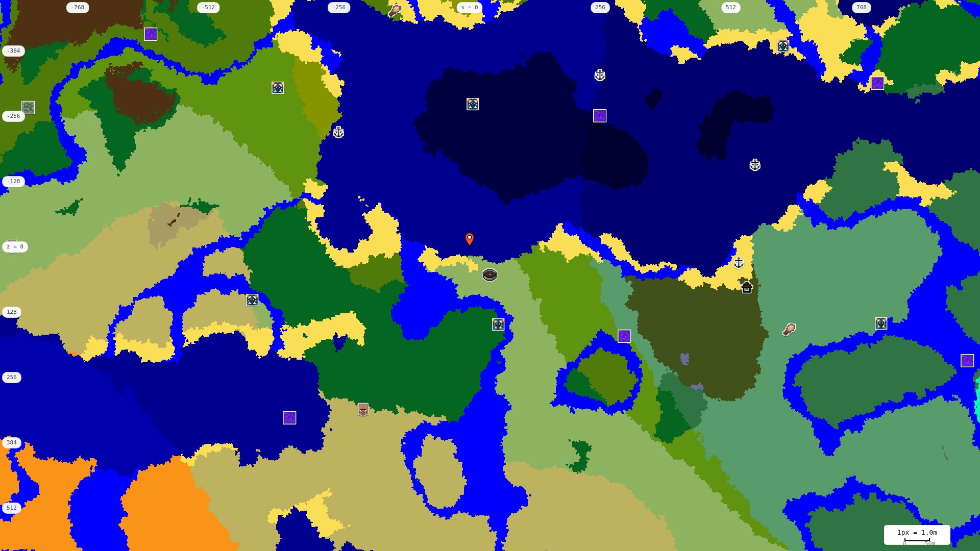 Top-down structures map: village, pillager outpost, ruined portal, shipwreck, woodland mansion, ocean monument, trial chambers, ancient city, desert pyramid, jungle temple, trail ruins