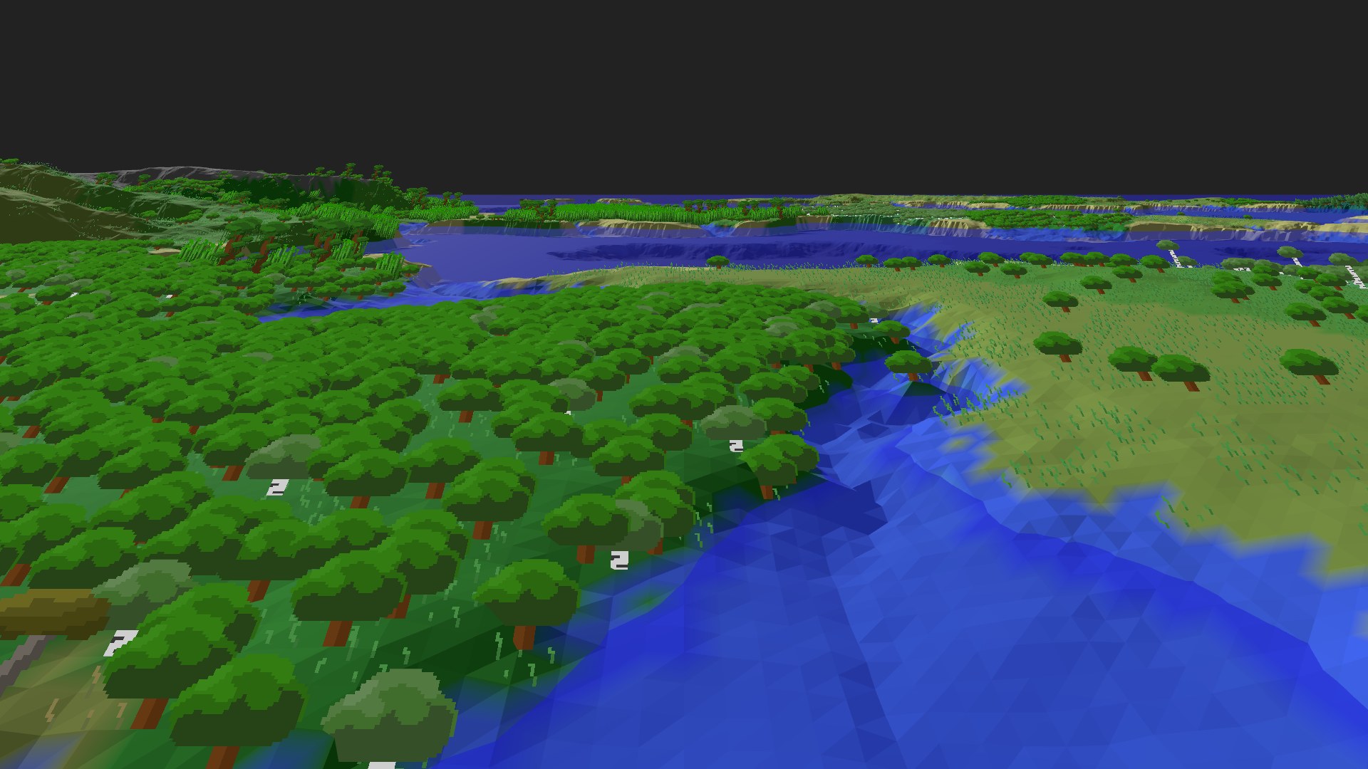 Near-horizontal 3D view from spawn looking at the surrounding terrain