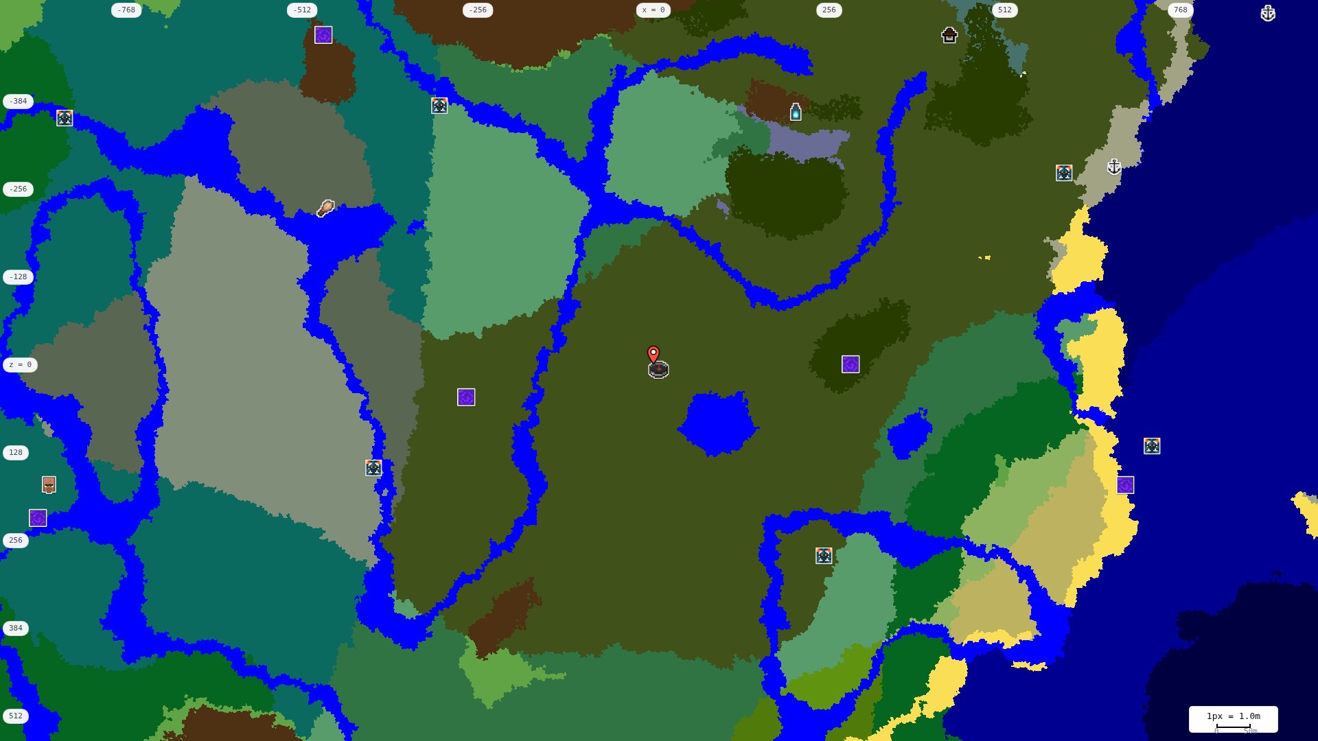 Top-down structures map: village, pillager outpost, ruined portal, shipwreck, woodland mansion, ocean monument, trial chambers, ancient city, desert pyramid, jungle temple, trail ruins