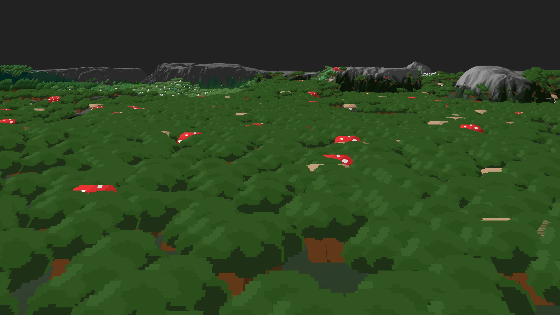Near-horizontal 3D view from spawn looking at the surrounding terrain