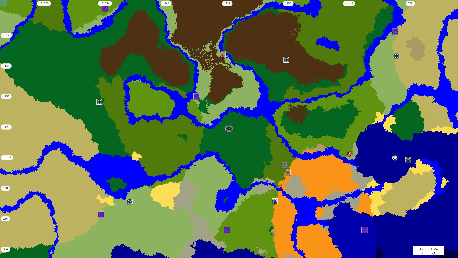 Top-down structures map: village, pillager outpost, ruined portal, shipwreck, woodland mansion, ocean monument, trial chambers, ancient city, desert pyramid, jungle temple, trail ruins