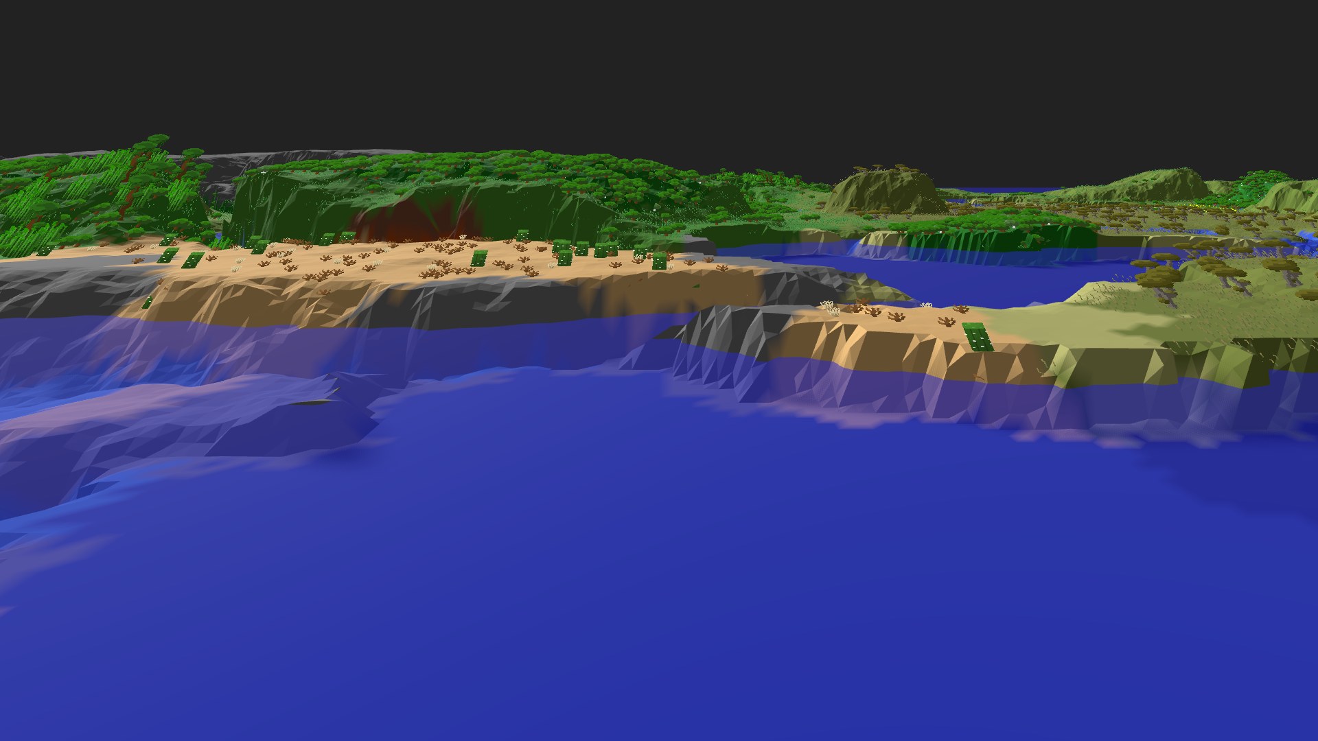 Near-horizontal 3D view from spawn looking at the surrounding terrain
