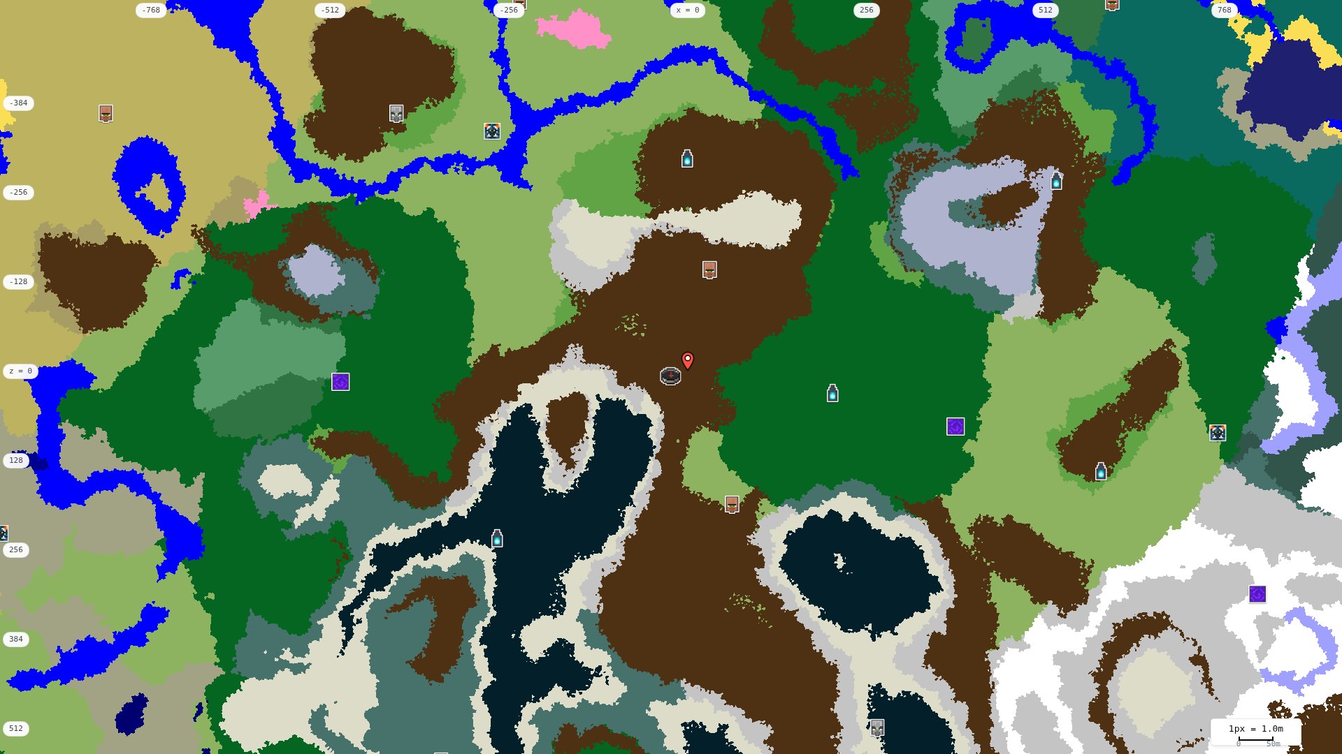 Top-down structures map: village, pillager outpost, ruined portal, shipwreck, woodland mansion, ocean monument, trial chambers, ancient city, desert pyramid, jungle temple, trail ruins
