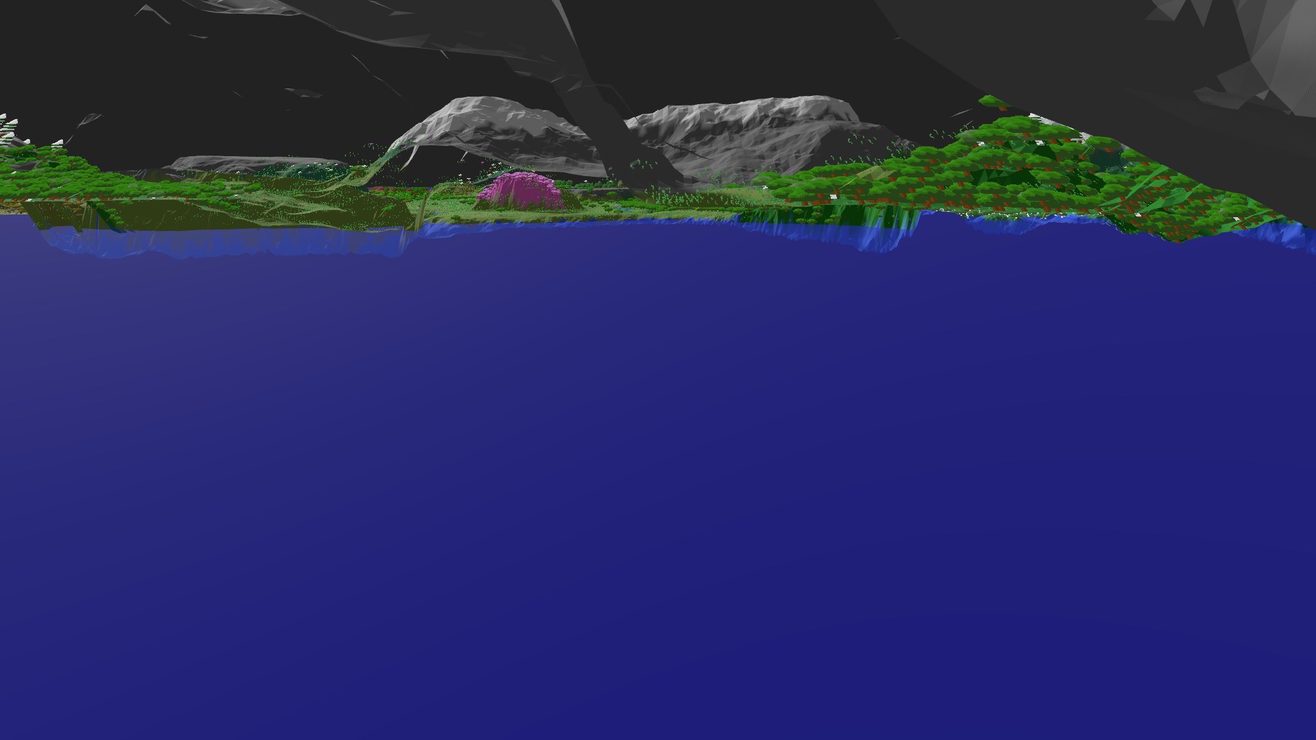 Near-horizontal 3D view from spawn looking at the surrounding terrain