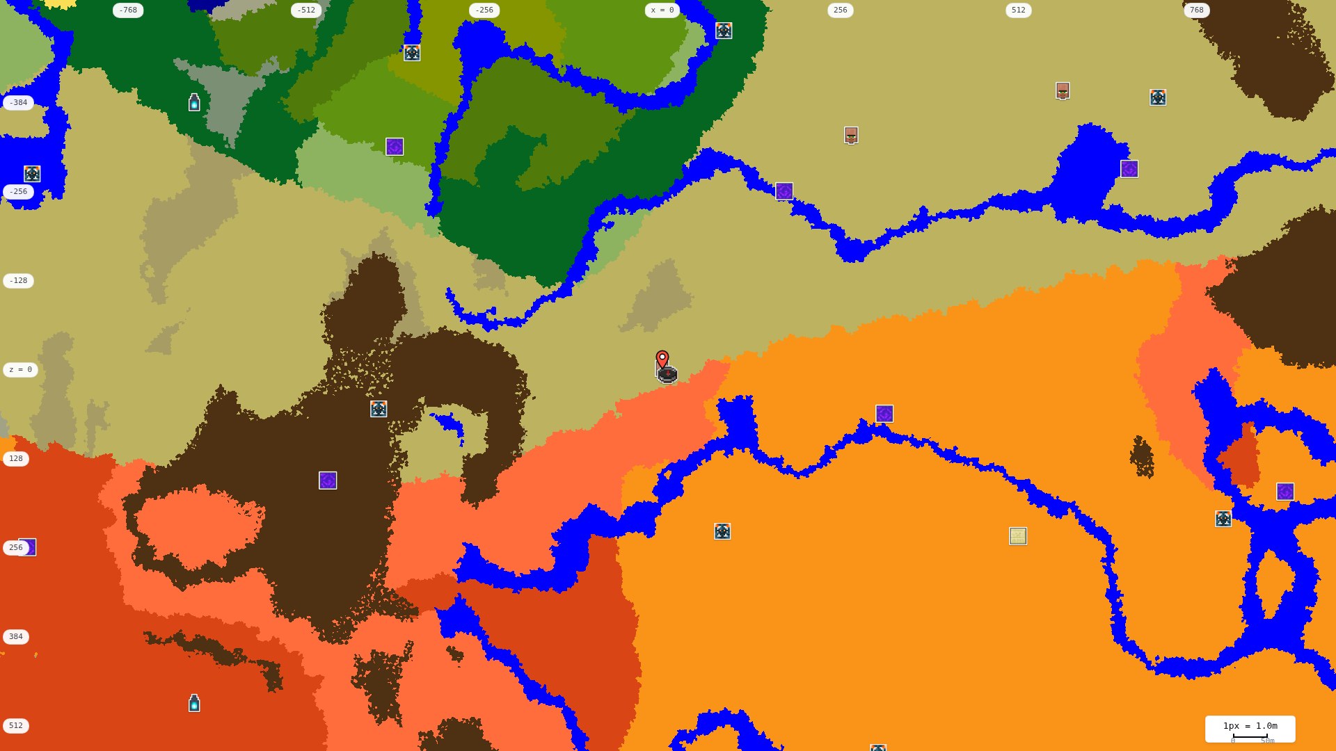 Top-down structures map: village, pillager outpost, ruined portal, shipwreck, woodland mansion, ocean monument, trial chambers, ancient city, desert pyramid, jungle temple, trail ruins